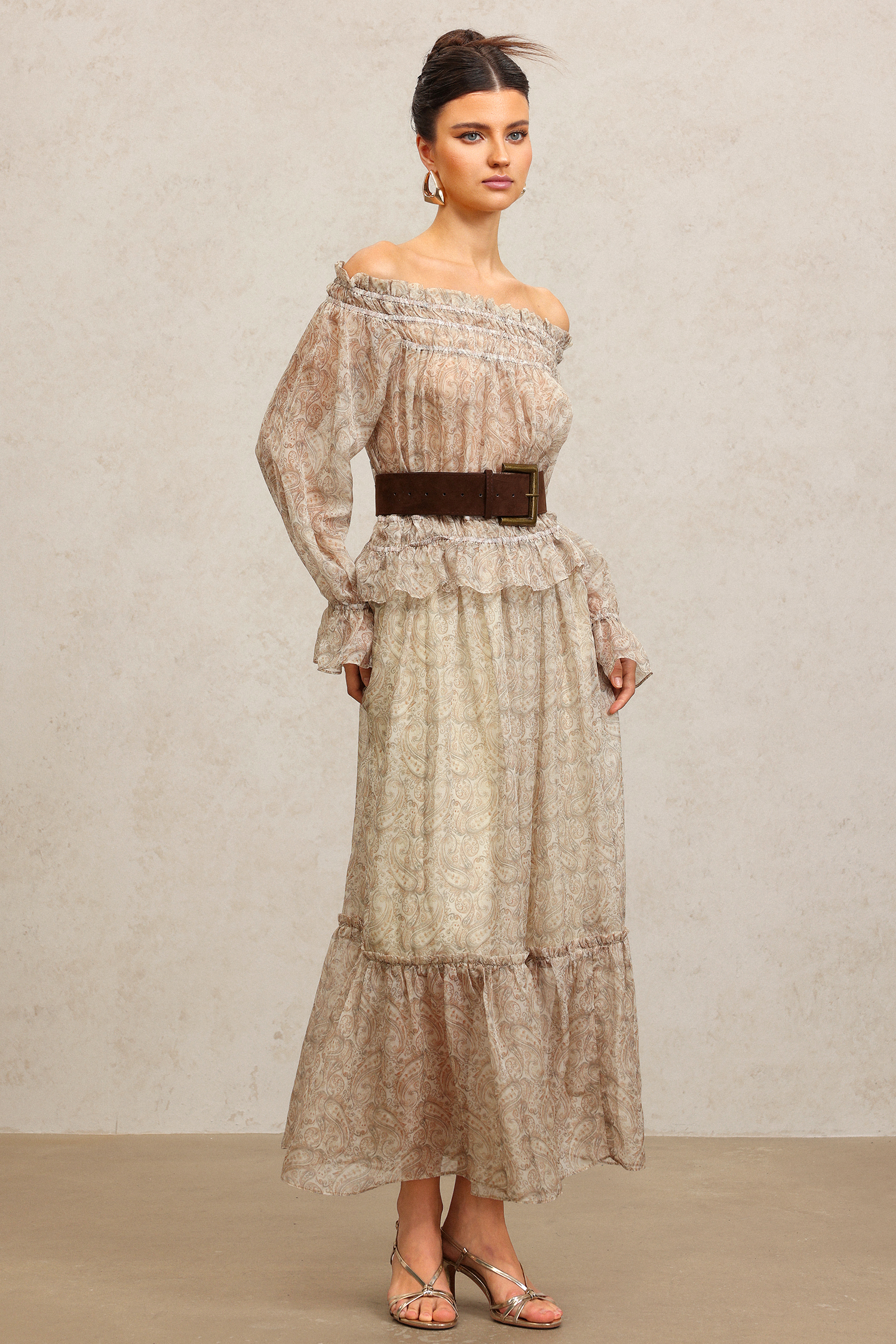 Emilee Off-The-Shoulder Long Sleeves Folds Top And Skirt Two-Piece Set