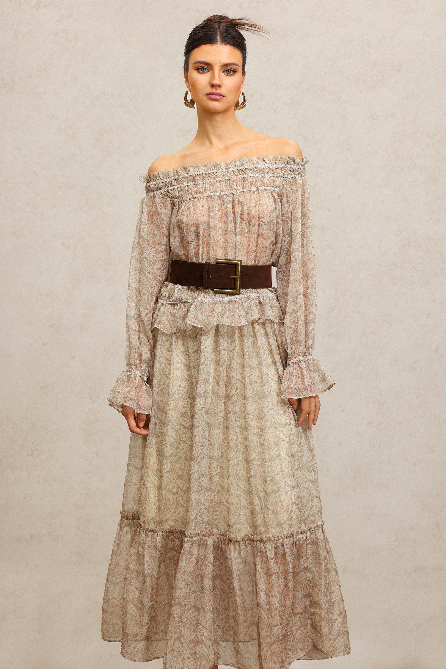 Emilee Off-The-Shoulder Long Sleeves Folds Top And Skirt Two-Piece Set