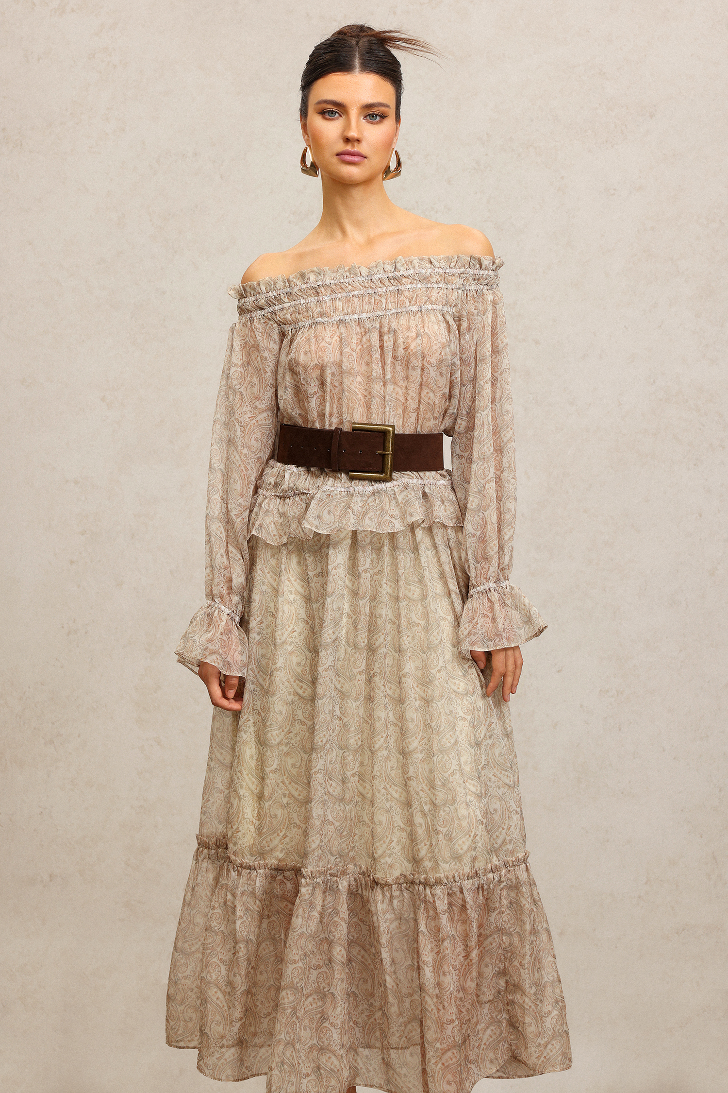 Emilee Off-The-Shoulder Long Sleeves Folds Top And Skirt Two-Piece Set