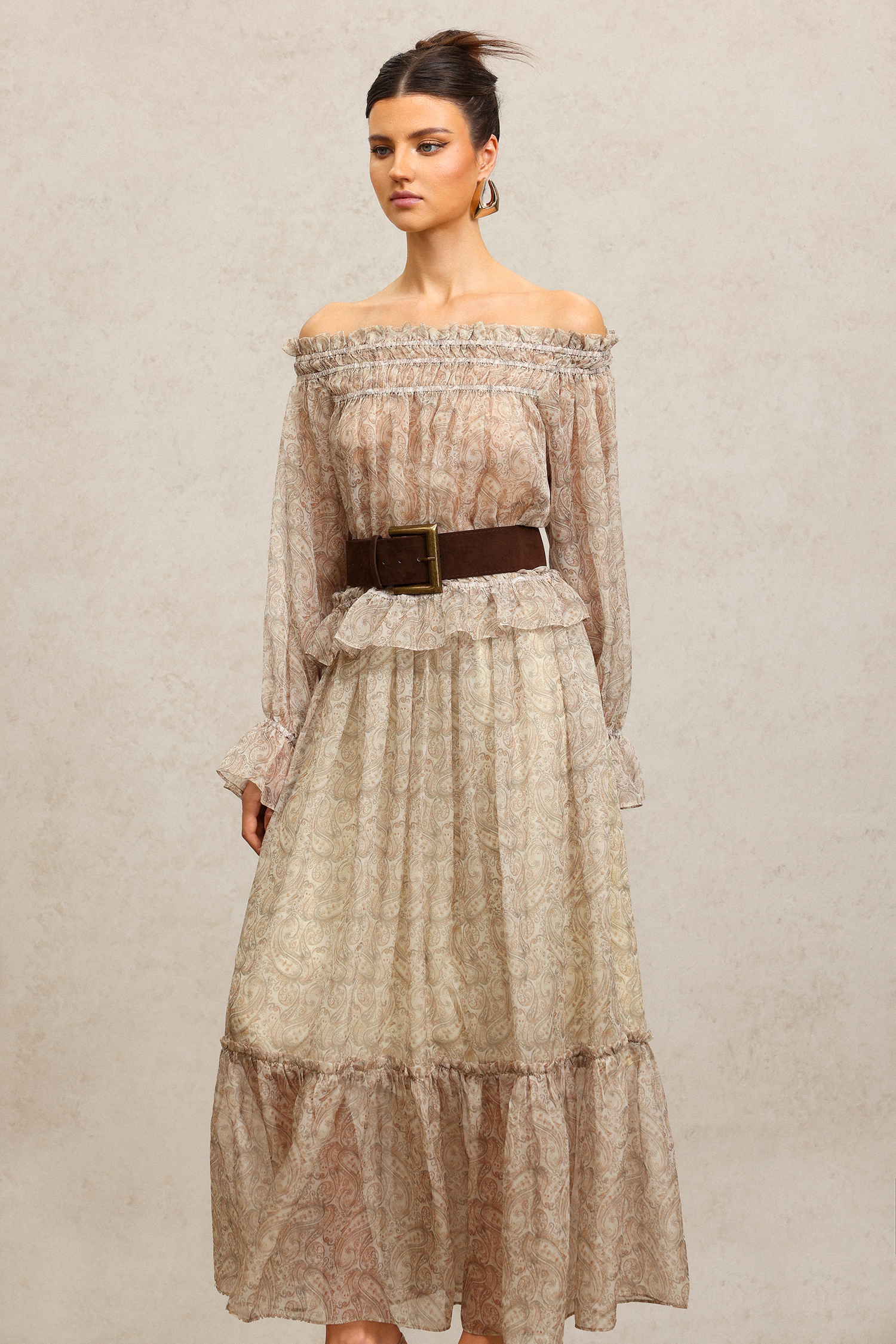 Emilee Off-The-Shoulder Long Sleeves Folds Top And Skirt Two-Piece Set