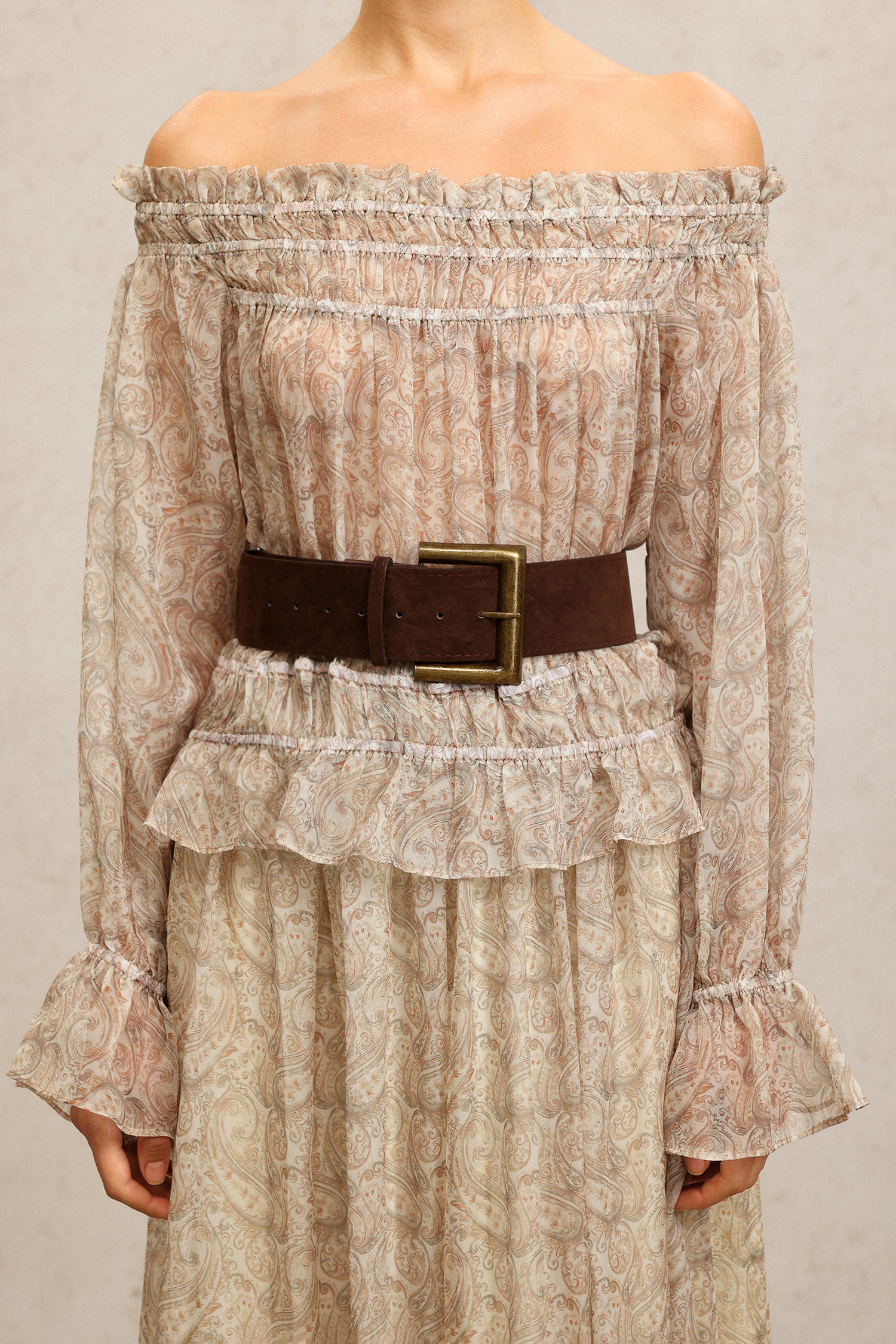 Emilee Off-The-Shoulder Long Sleeves Folds Top And Skirt Two-Piece Set