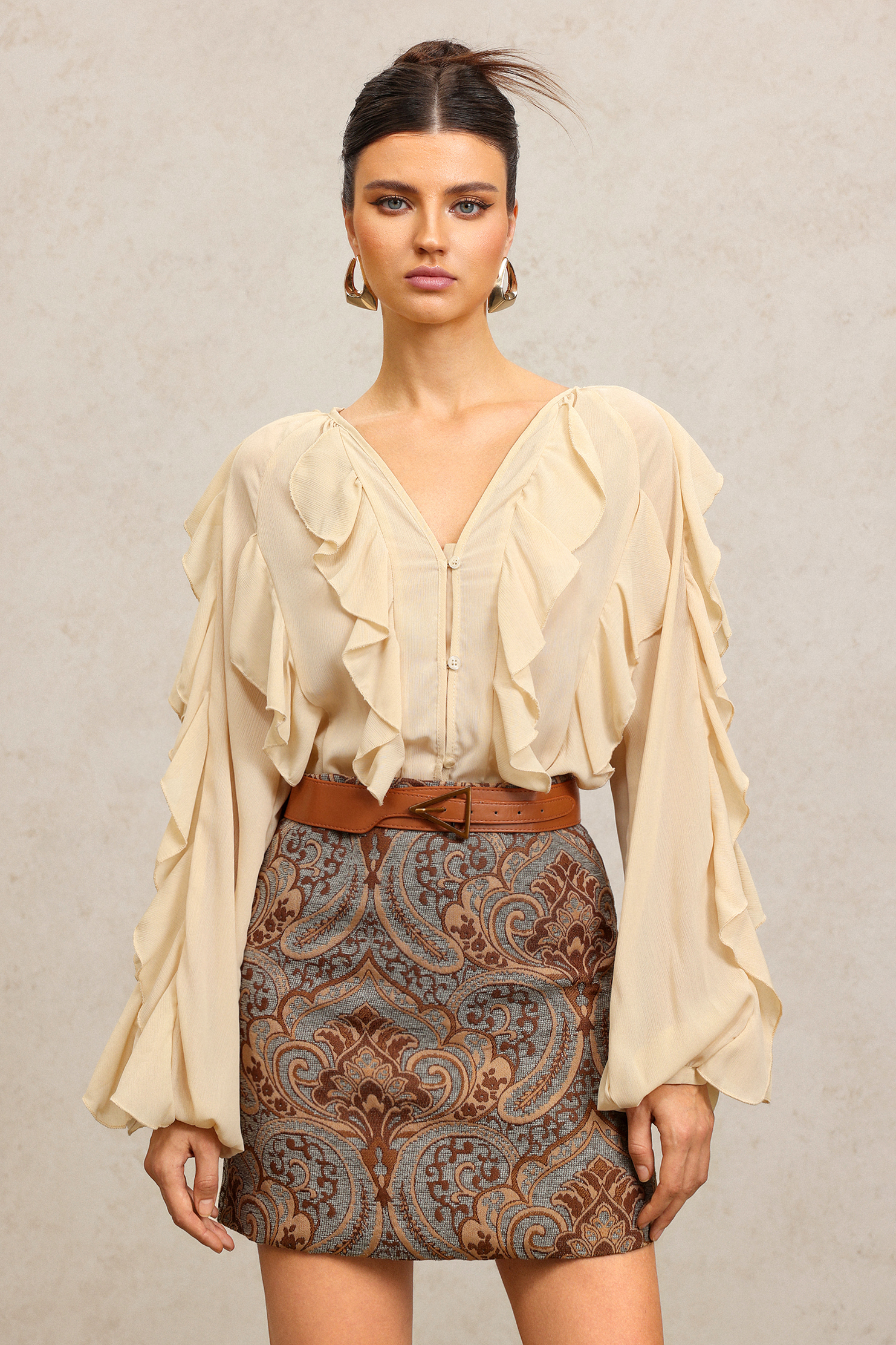 Karina V-Neck Long Sleeves Embroidery Flowers Printed Top And Skirt Two-Piece Set