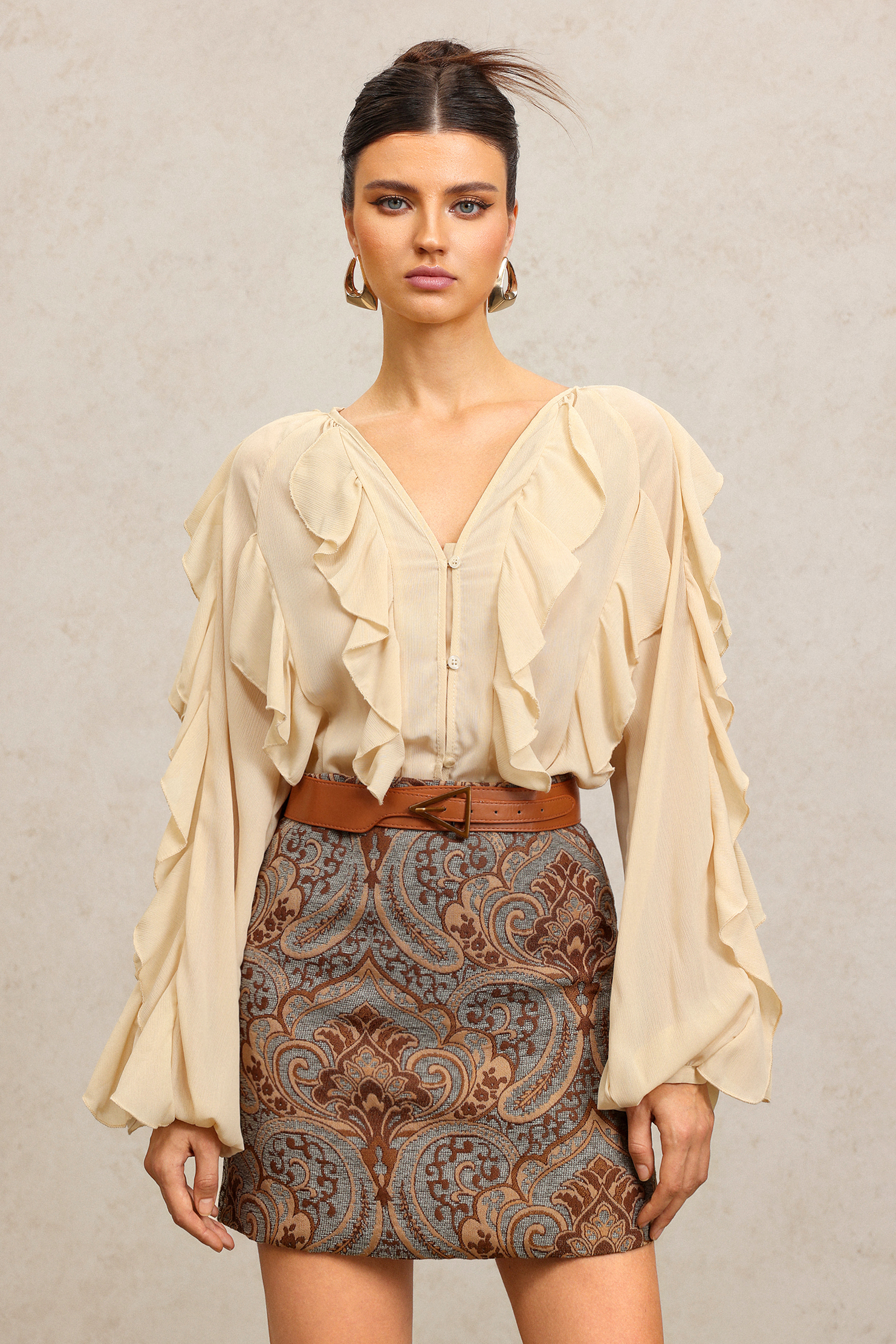 Karina V-Neck Long Sleeves Embroidery Flowers Printed Top And Skirt Two-Piece Set