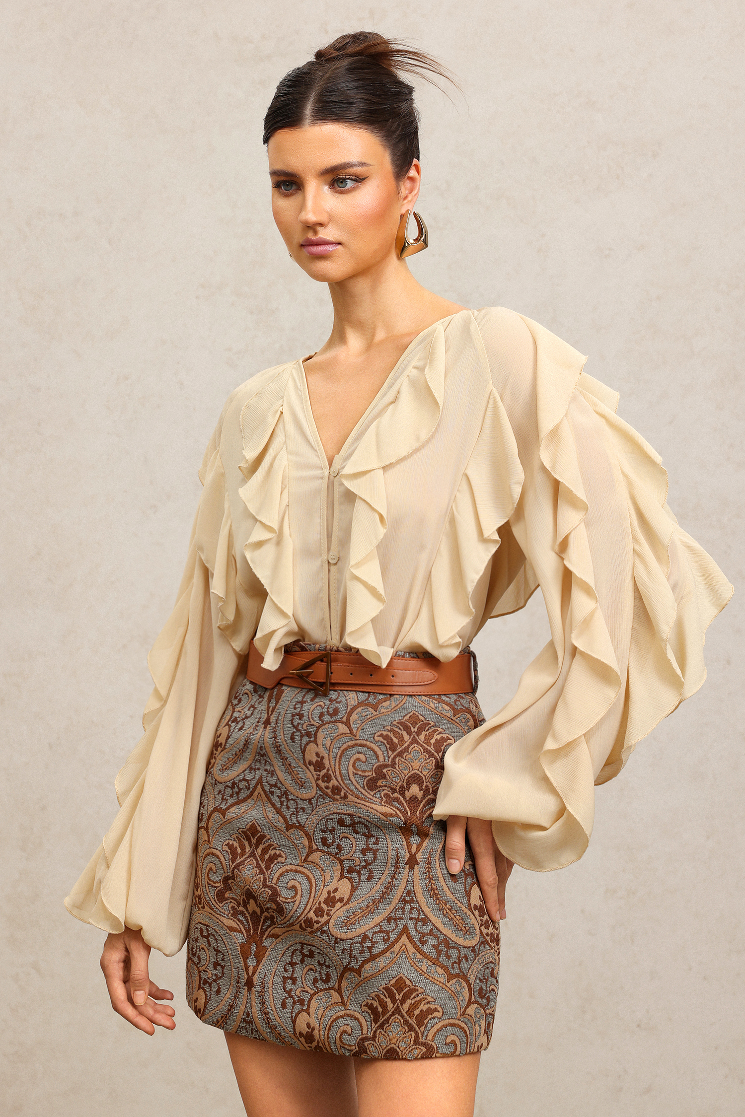 Karina V-Neck Long Sleeves Embroidery Flowers Printed Top And Skirt Two-Piece Set