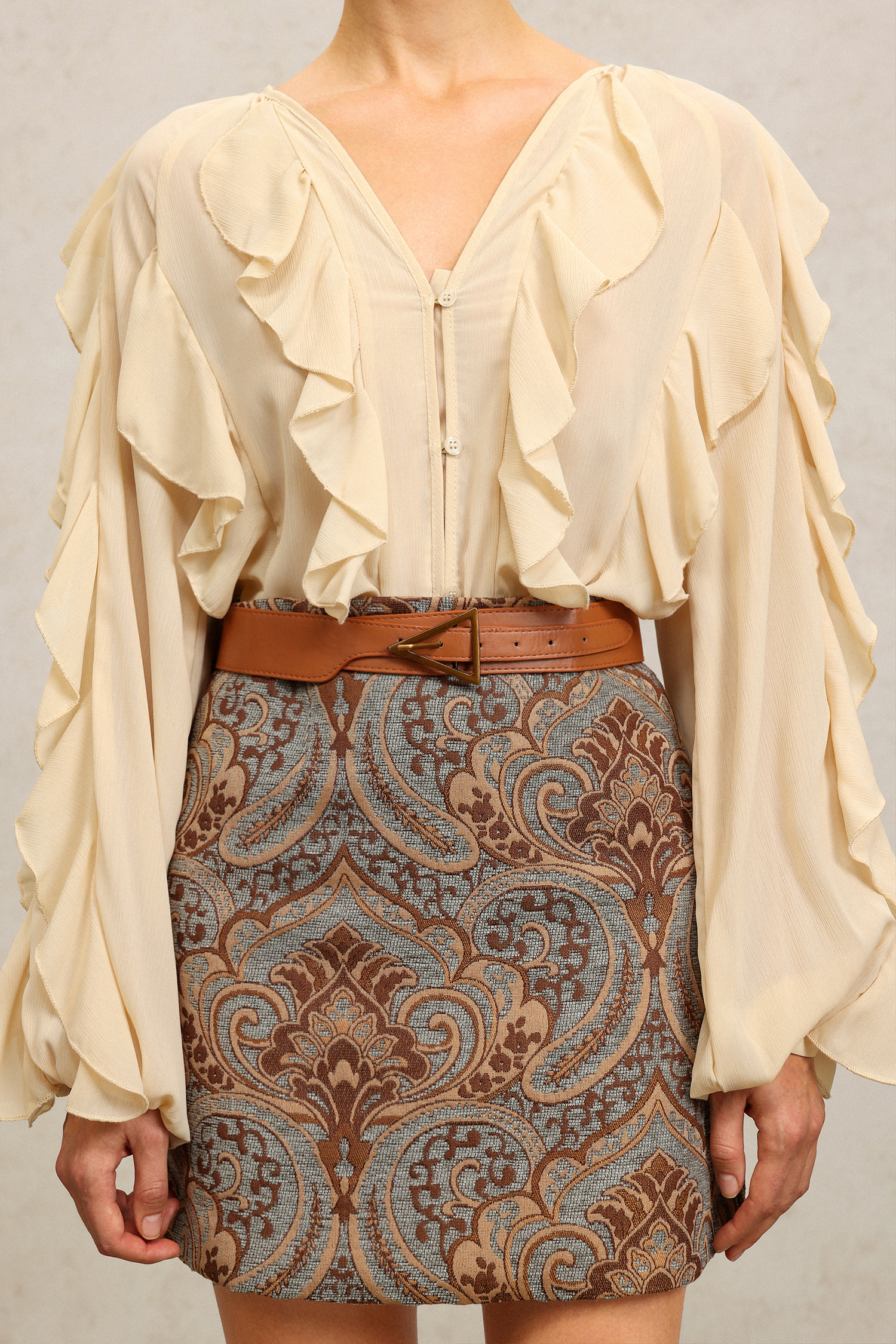 Karina V-Neck Long Sleeves Embroidery Flowers Printed Top And Skirt Two-Piece Set