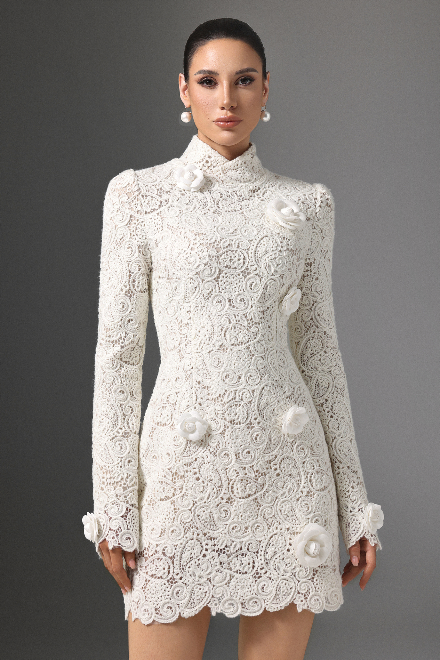 Sarada High Neck Lace Embellished Floral Mini Dress