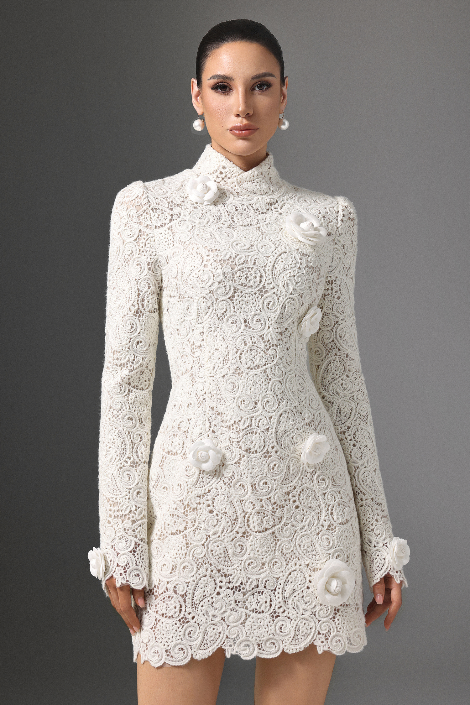 Sarada High Neck Lace Embellished Floral Mini Dress