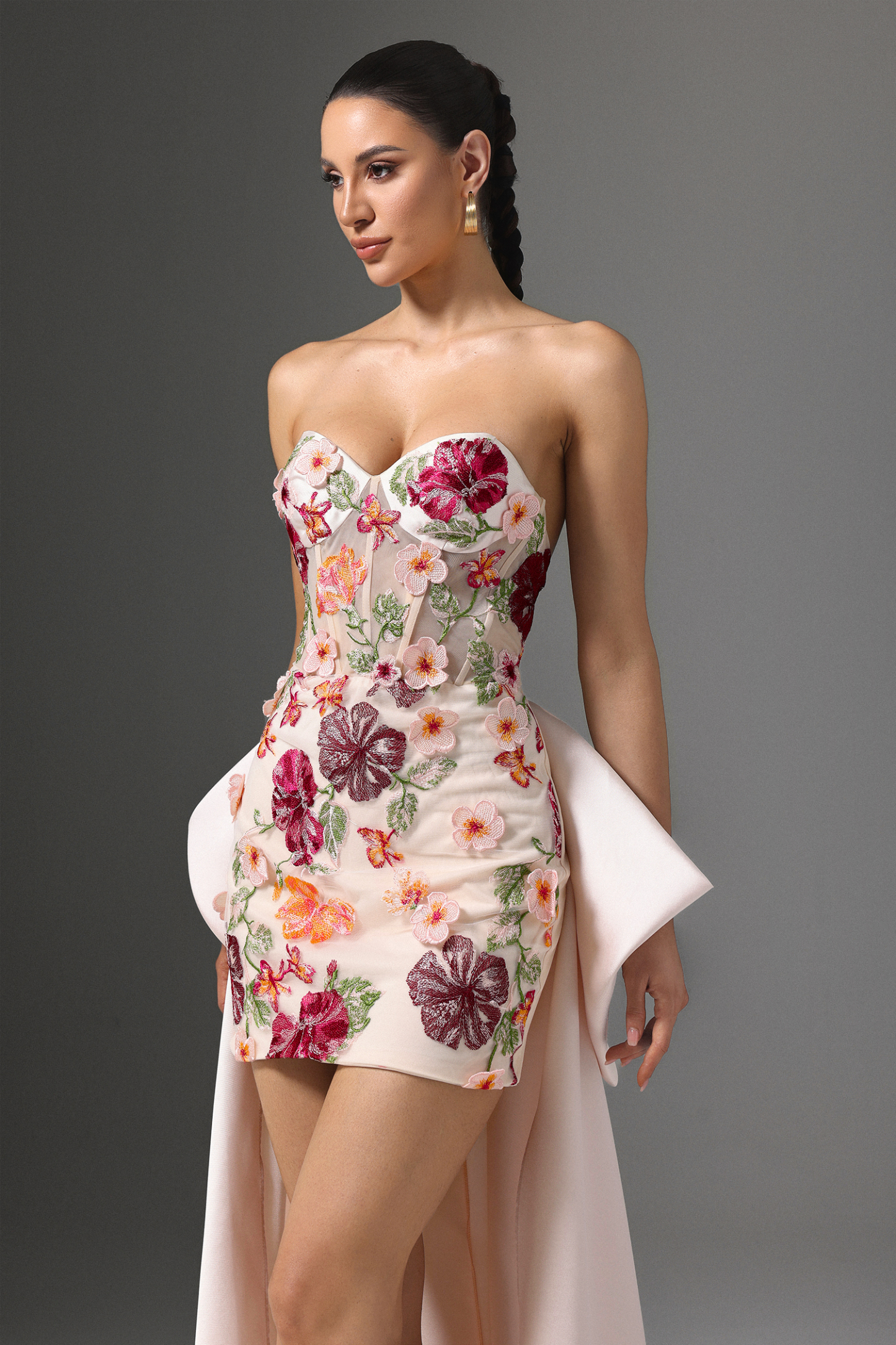 Elva Strapless Floral Embroidered Mini Dress with Bow Train