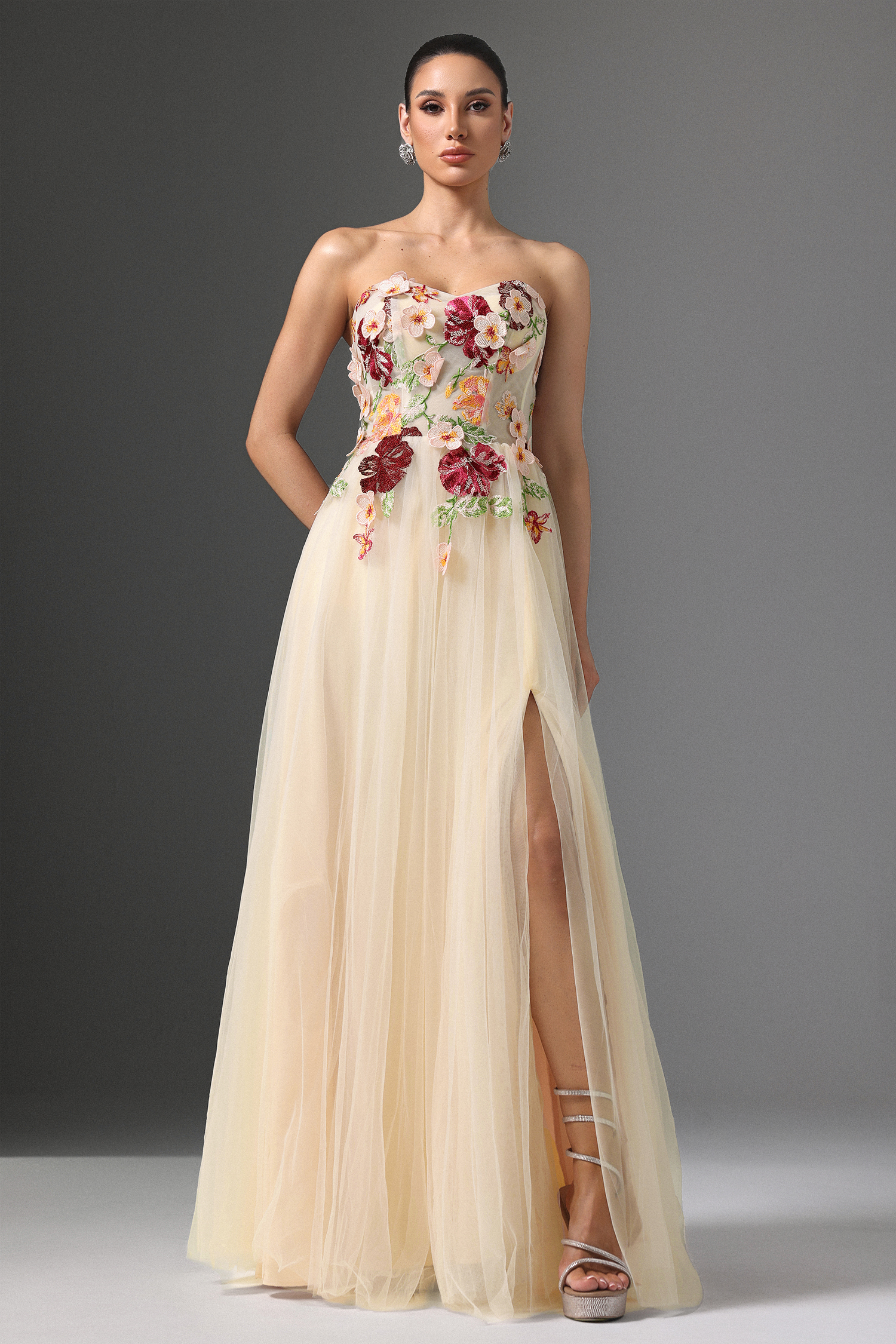 Sophiess Strapless Floral Embroidered High Slit Maxi Dress