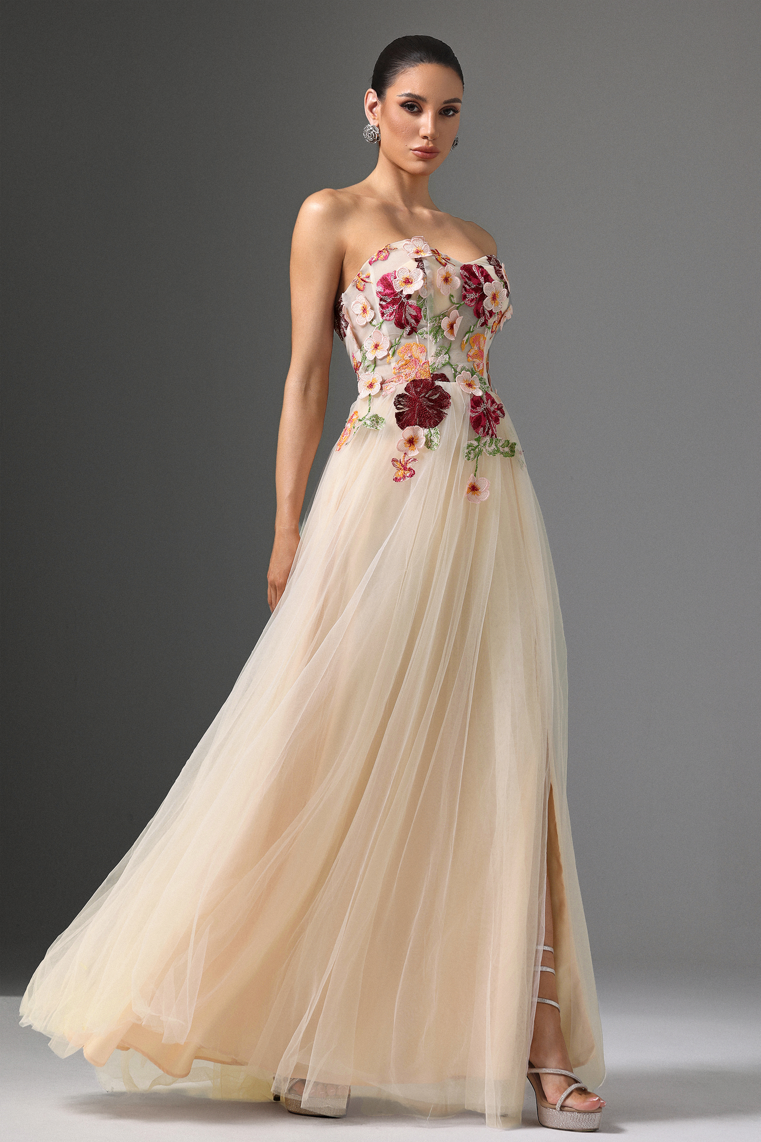 Sophiess Strapless Floral Embroidered High Slit Maxi Dress