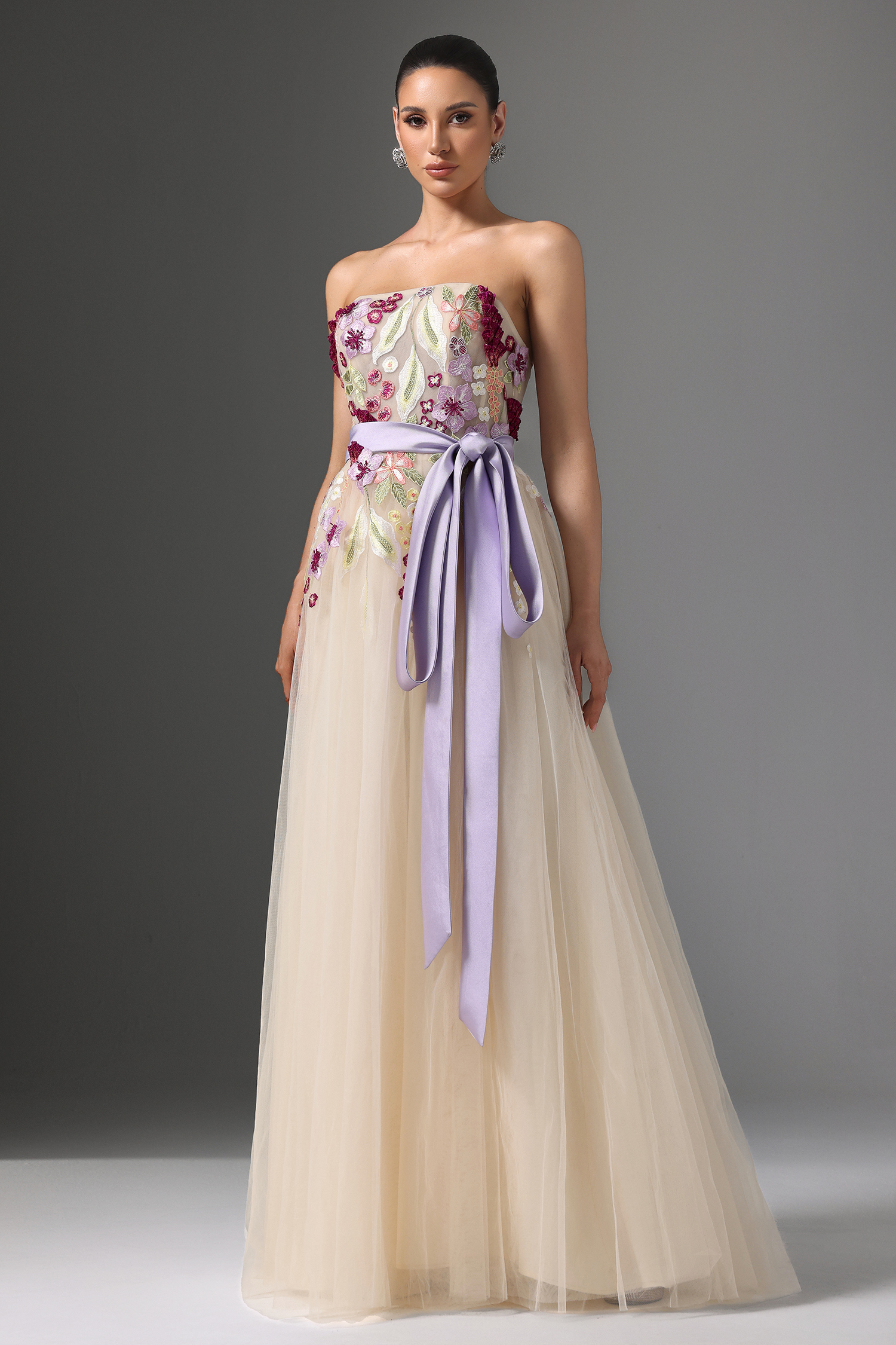 Rikiny Strapless Floral Embroidered High Slit Maxi Dress