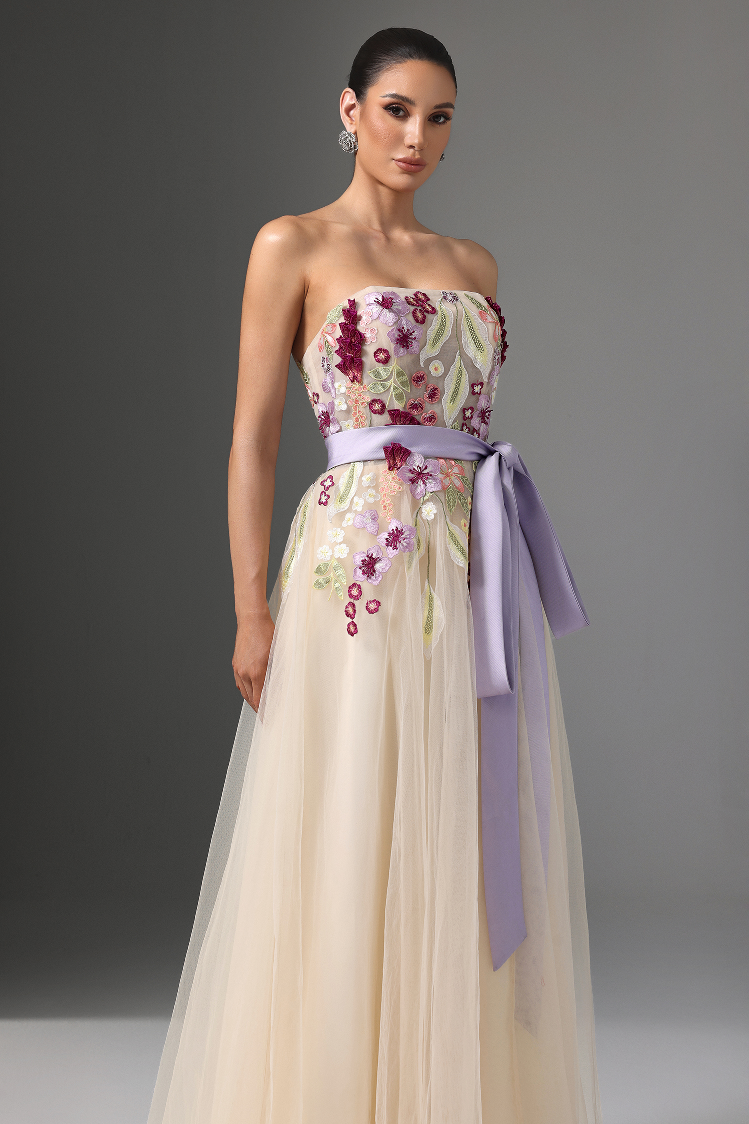 Rikiny Strapless Floral Embroidered High Slit Maxi Dress