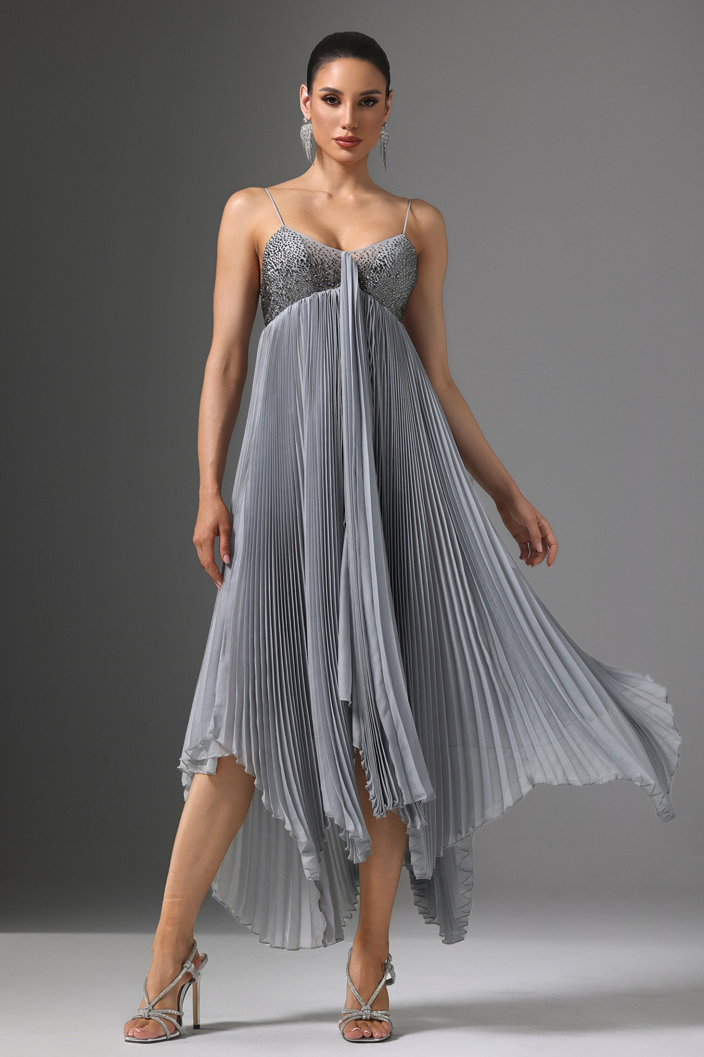 Zaina V-Neck Sequin Pleated Cami Maxi Dress