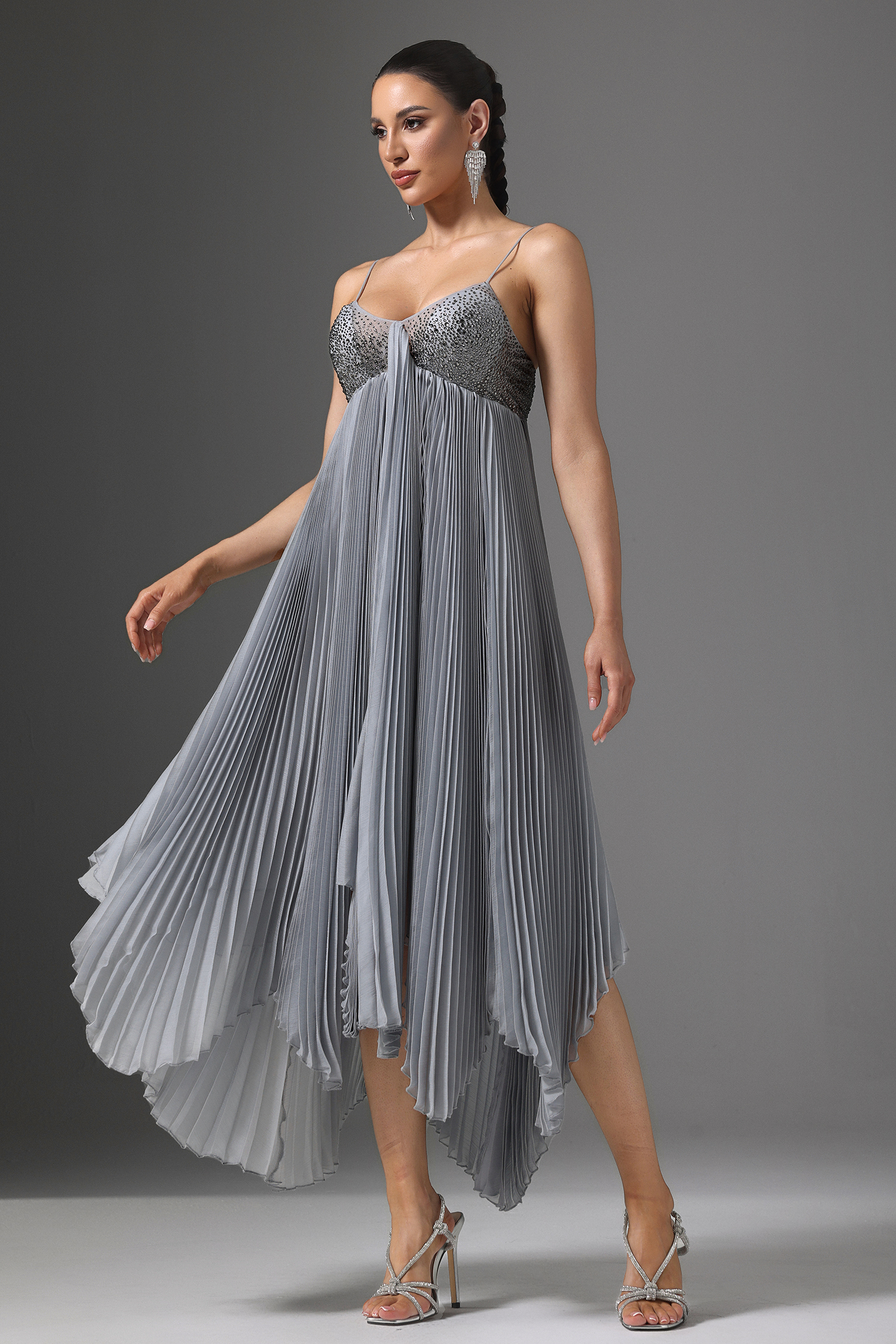 Zaina V-Neck Sequin Pleated Cami Maxi Dress