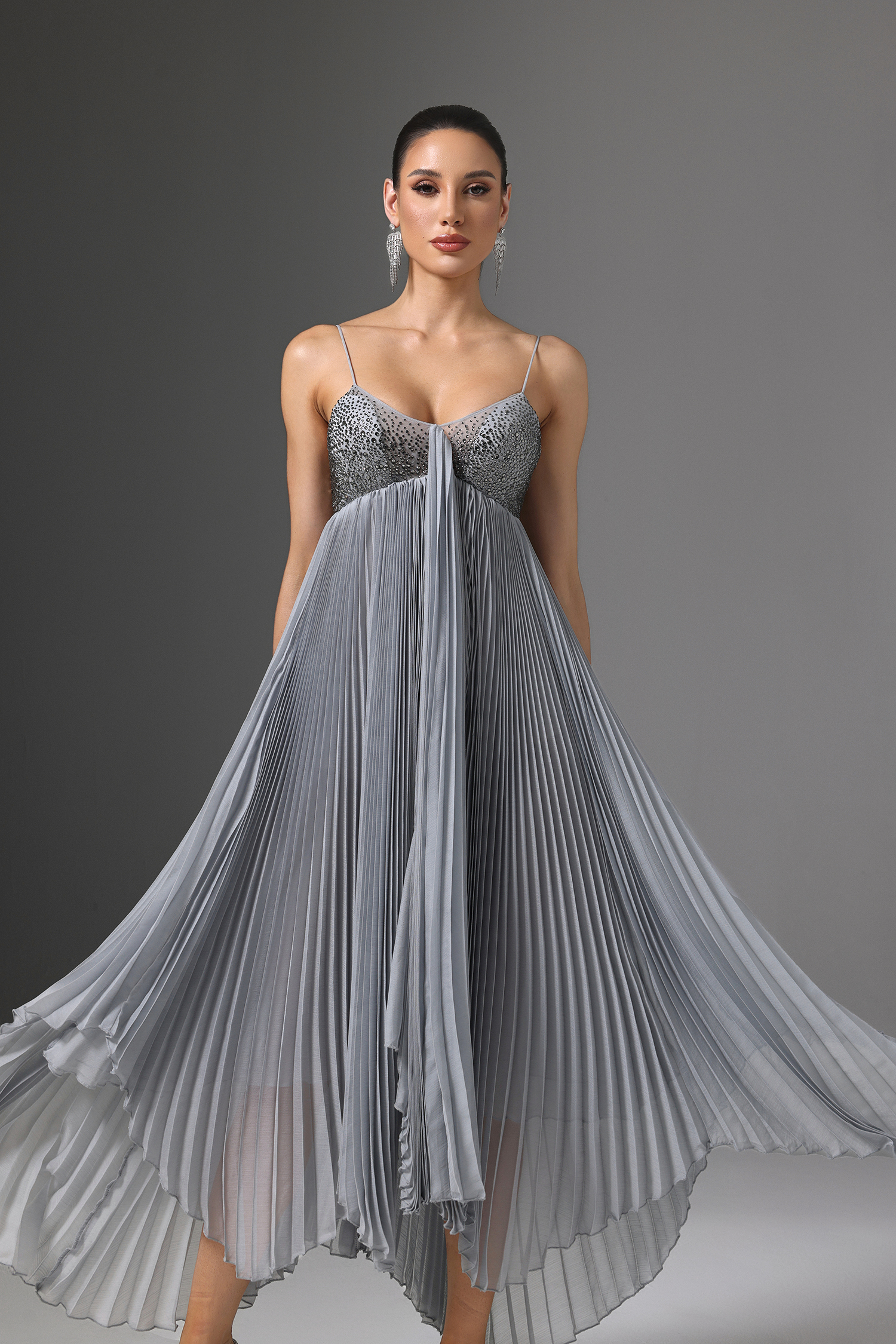 Zaina V-Neck Sequin Pleated Cami Maxi Dress