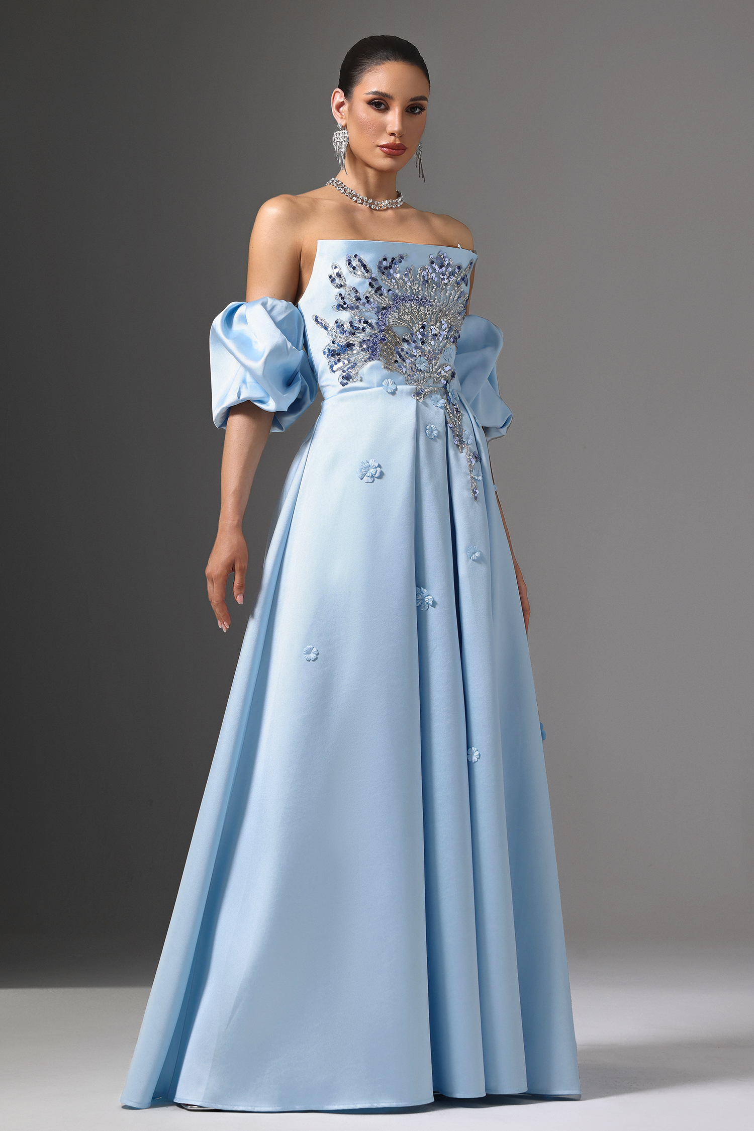 Winni Off-Shoulder Floral Embroidered High Slit Maxi Dress