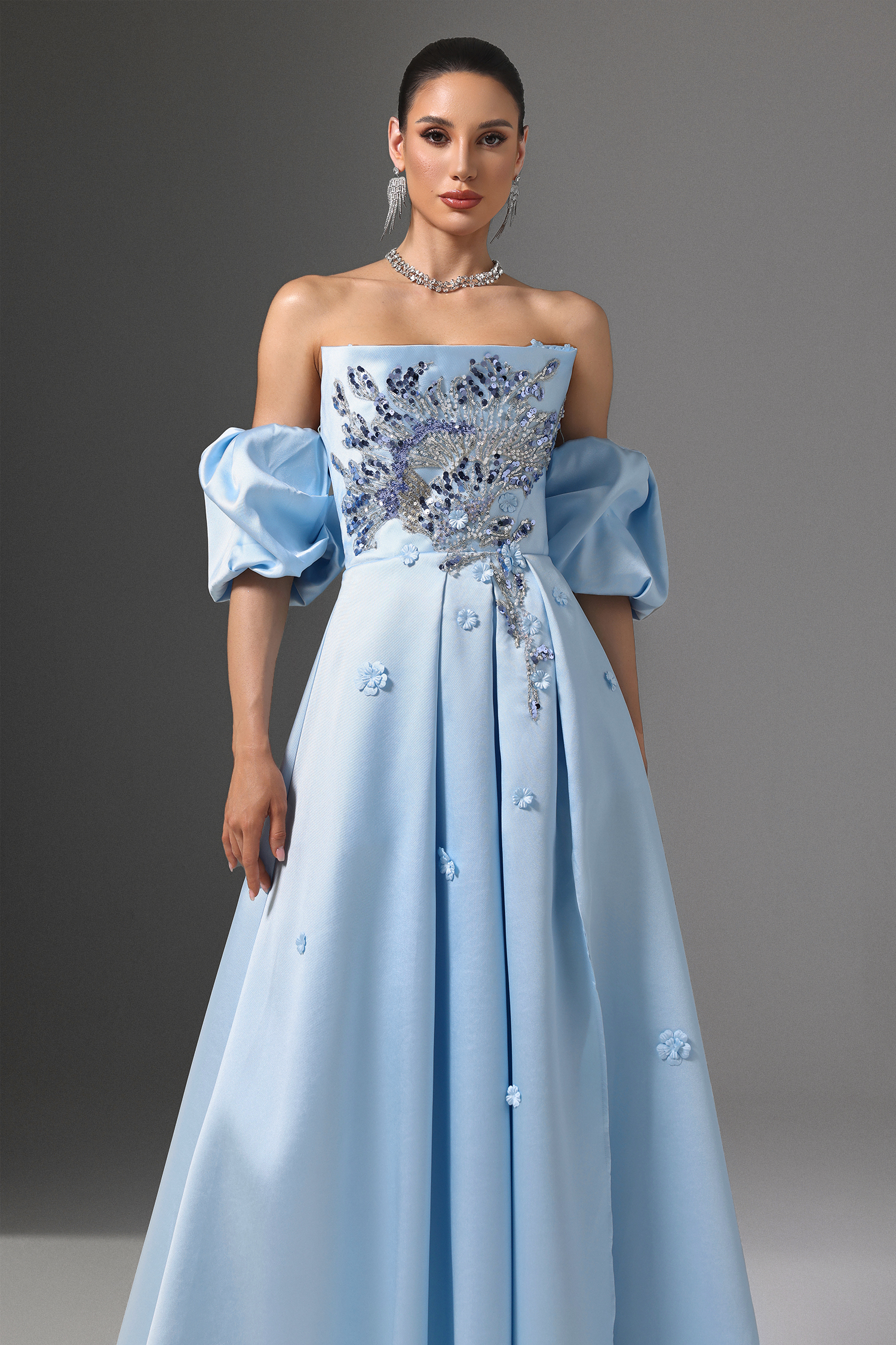 Winni Off-Shoulder Floral Embroidered High Slit Maxi Dress