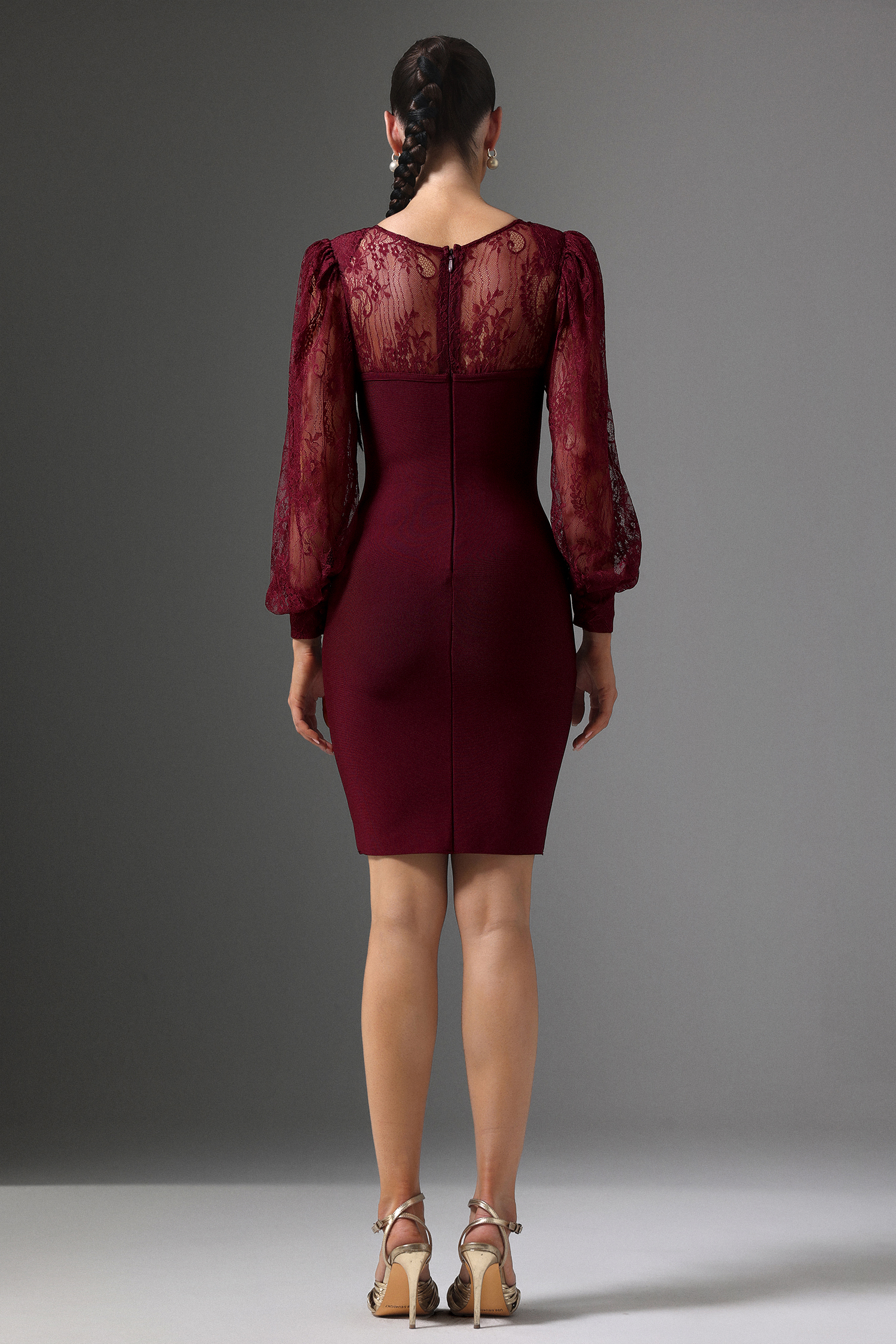 Gini V-Neck Lace Long Sleeve Bandage Wine Midi Dress