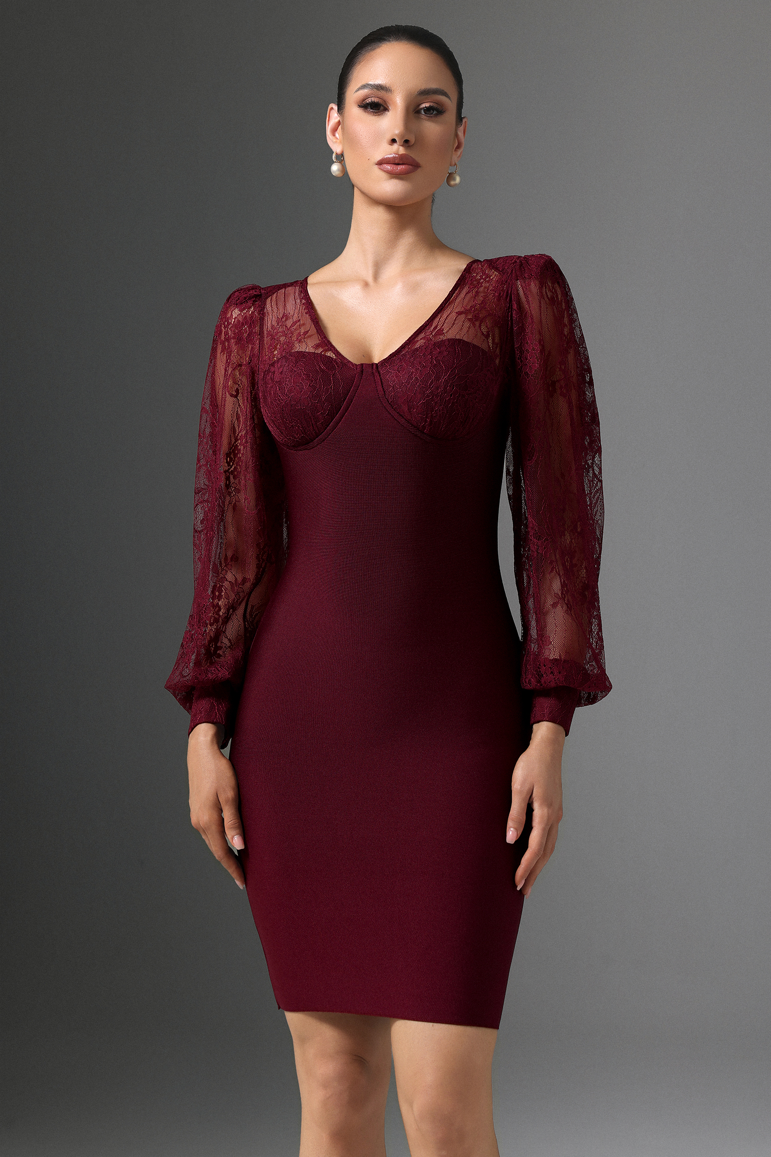 Gini V-Neck Lace Long Sleeve Bandage Wine Midi Dress
