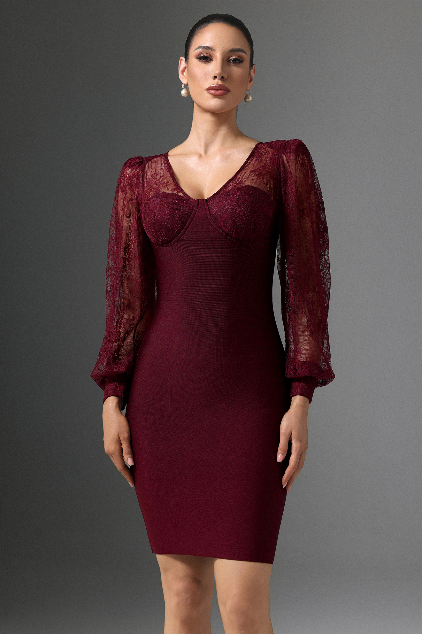 Gini V-Neck Lace Long Sleeve Bandage Wine Midi Dress