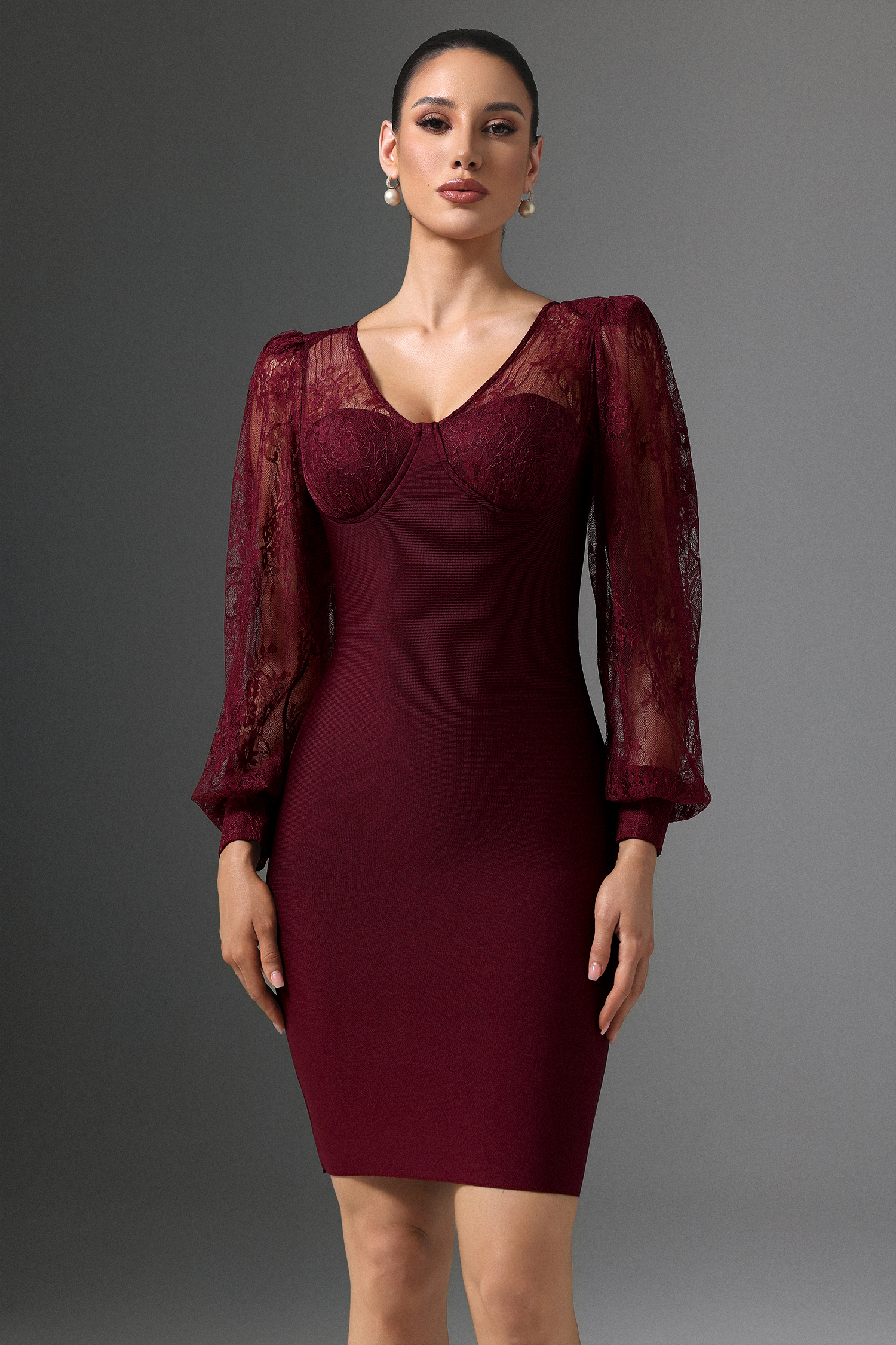 Gini V-Neck Lace Long Sleeve Bandage Wine Midi Dress