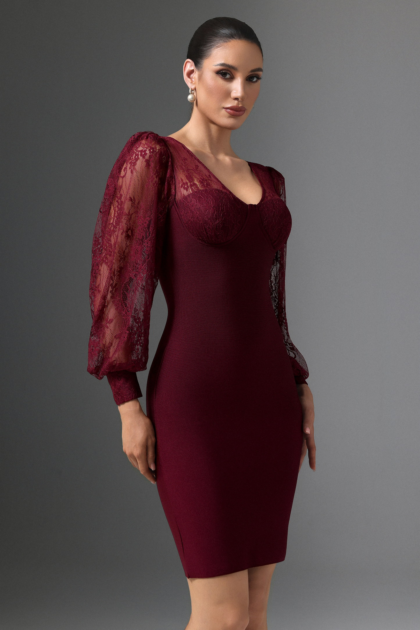 Gini V-Neck Lace Long Sleeve Bandage Wine Midi Dress
