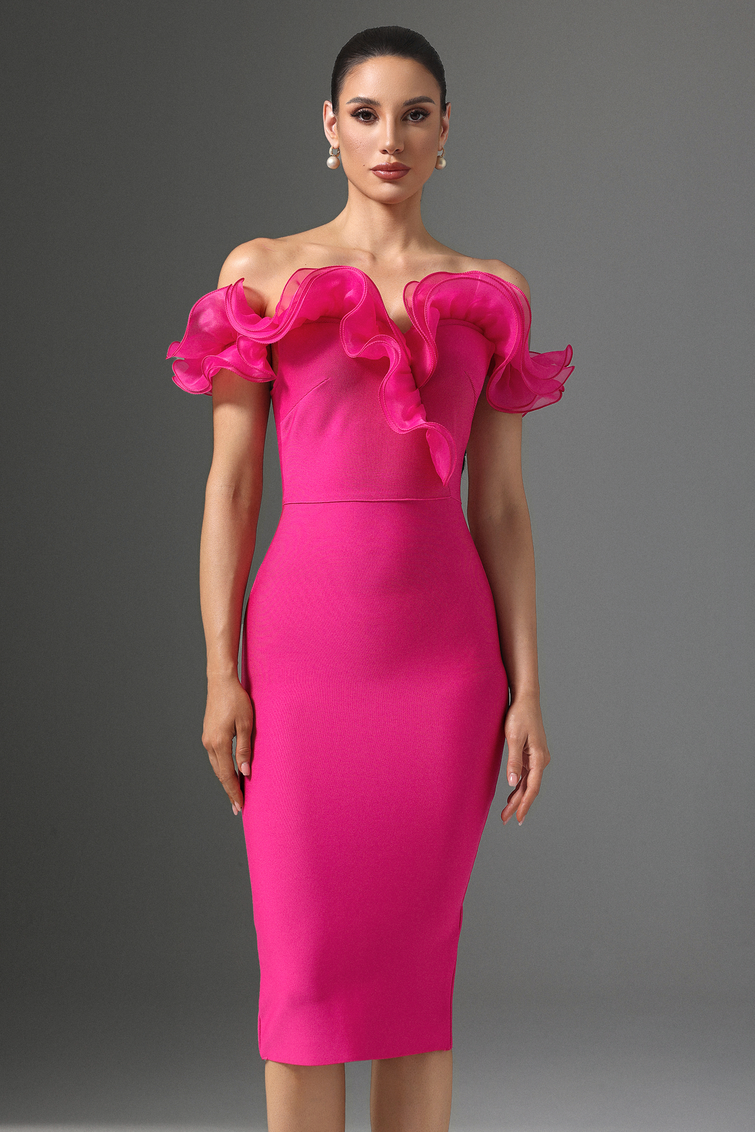 Leanna Off Shoulder Flounce Bandage Midi Dress – Bellabarnett