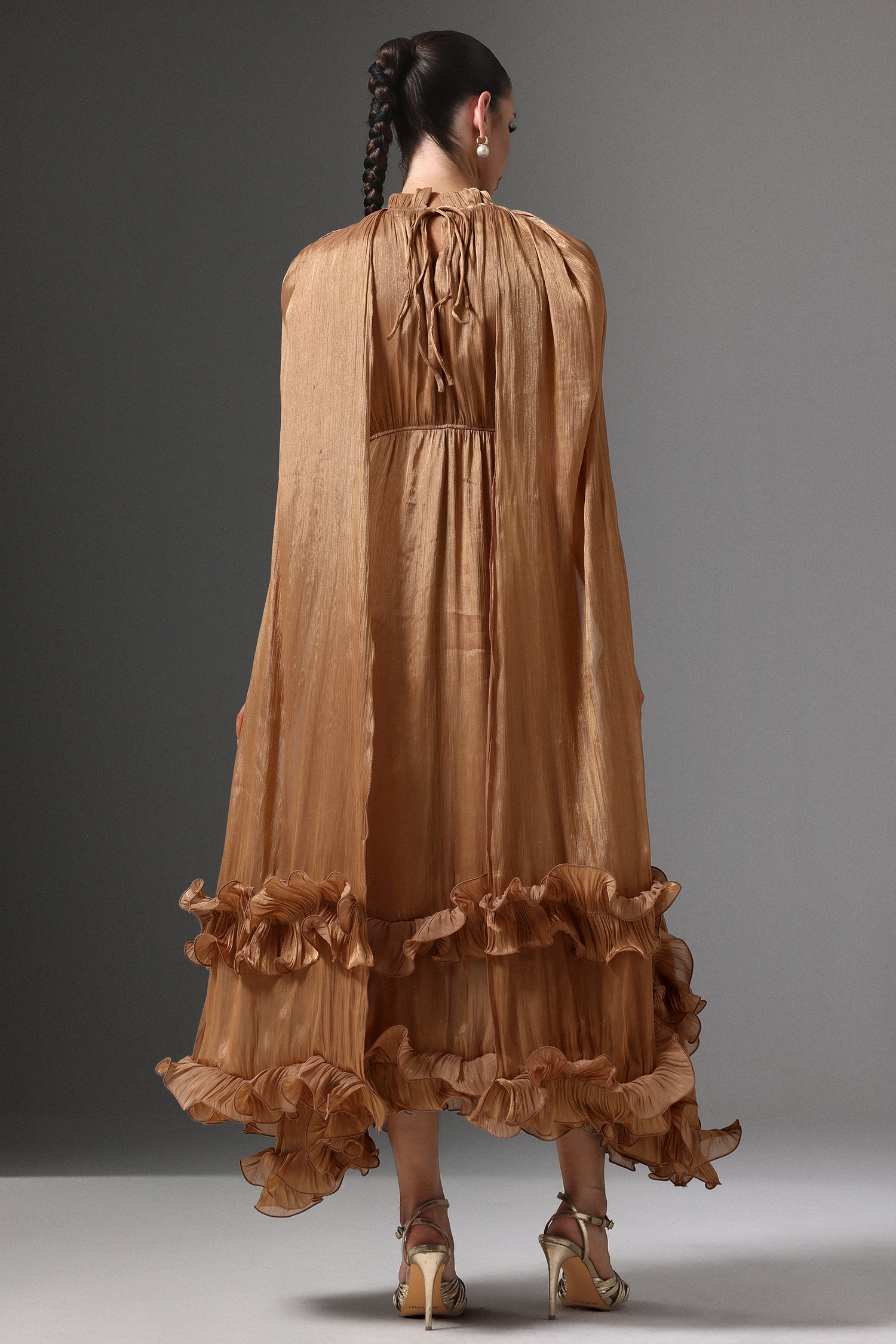 Janiyah High Neck Cape Tie Ruffle Pleated Maxi Dress