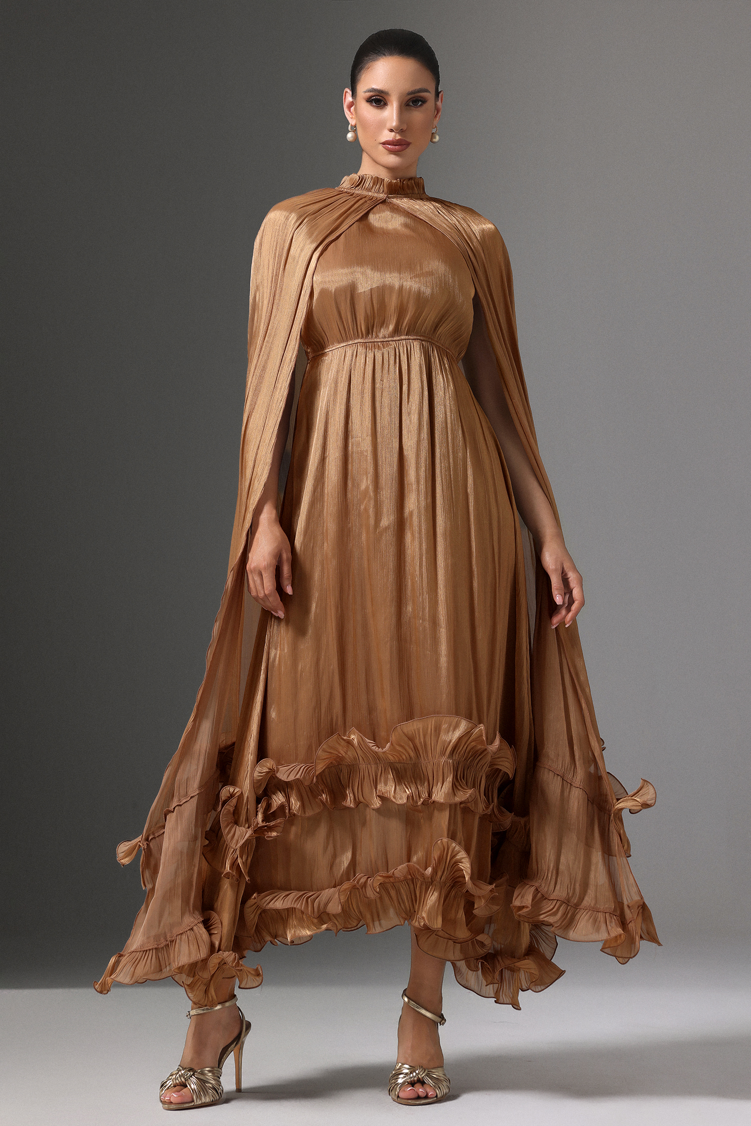 Janiyah High Neck Cape Tie Ruffle Pleated Maxi Dress