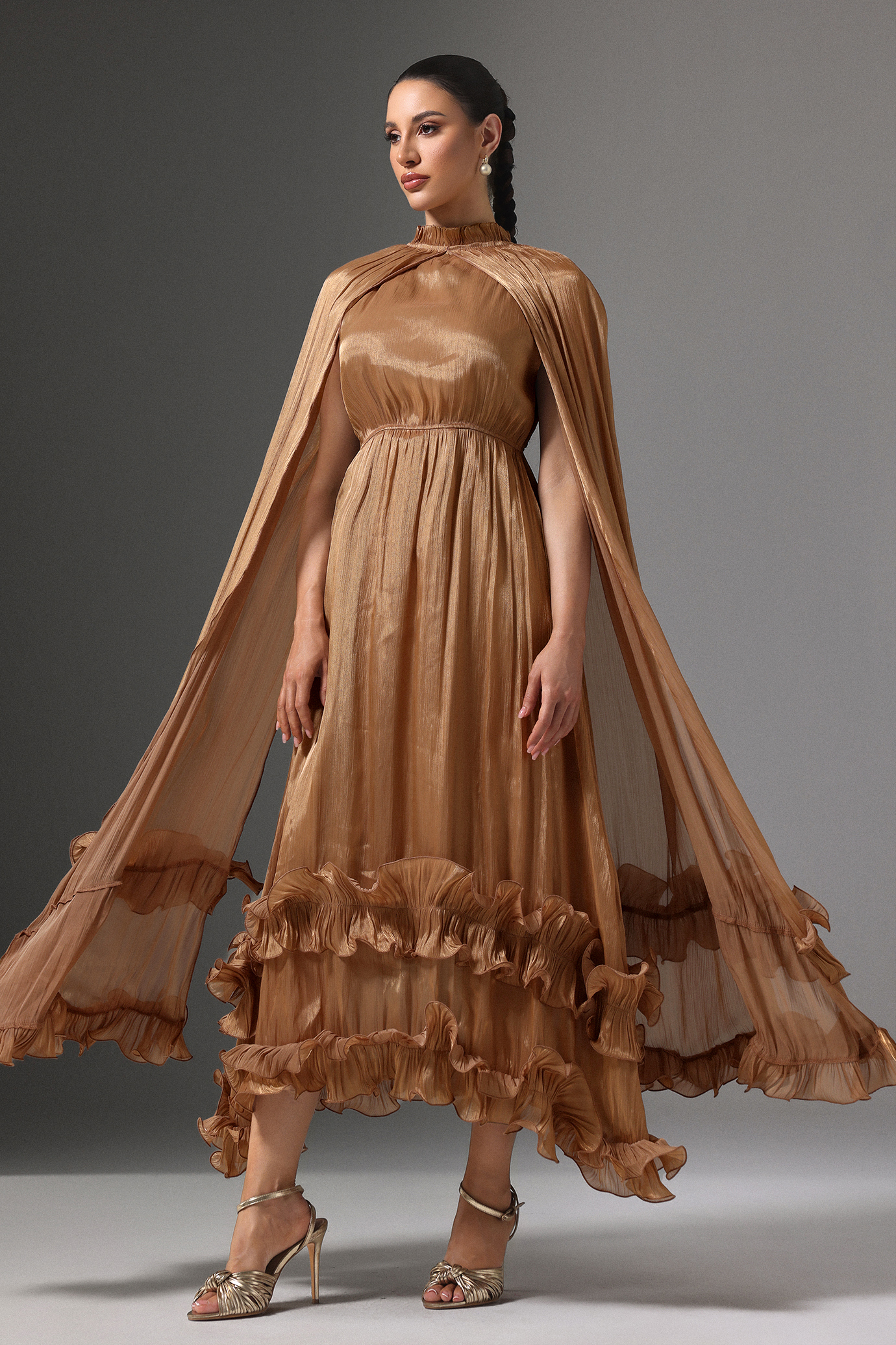 Janiyah High Neck Cape Tie Ruffle Pleated Maxi Dress