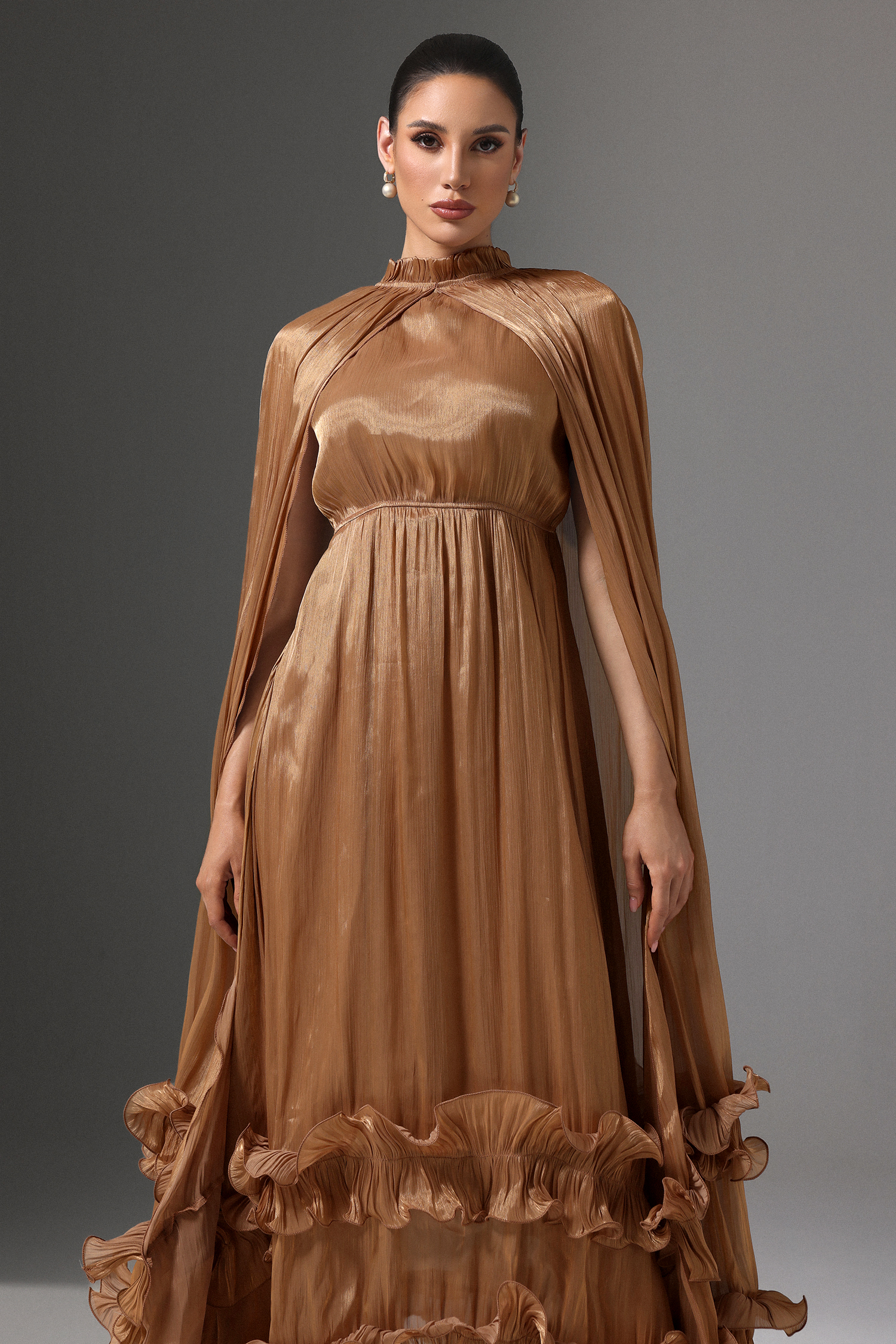 Janiyah High Neck Cape Tie Ruffle Pleated Maxi Dress