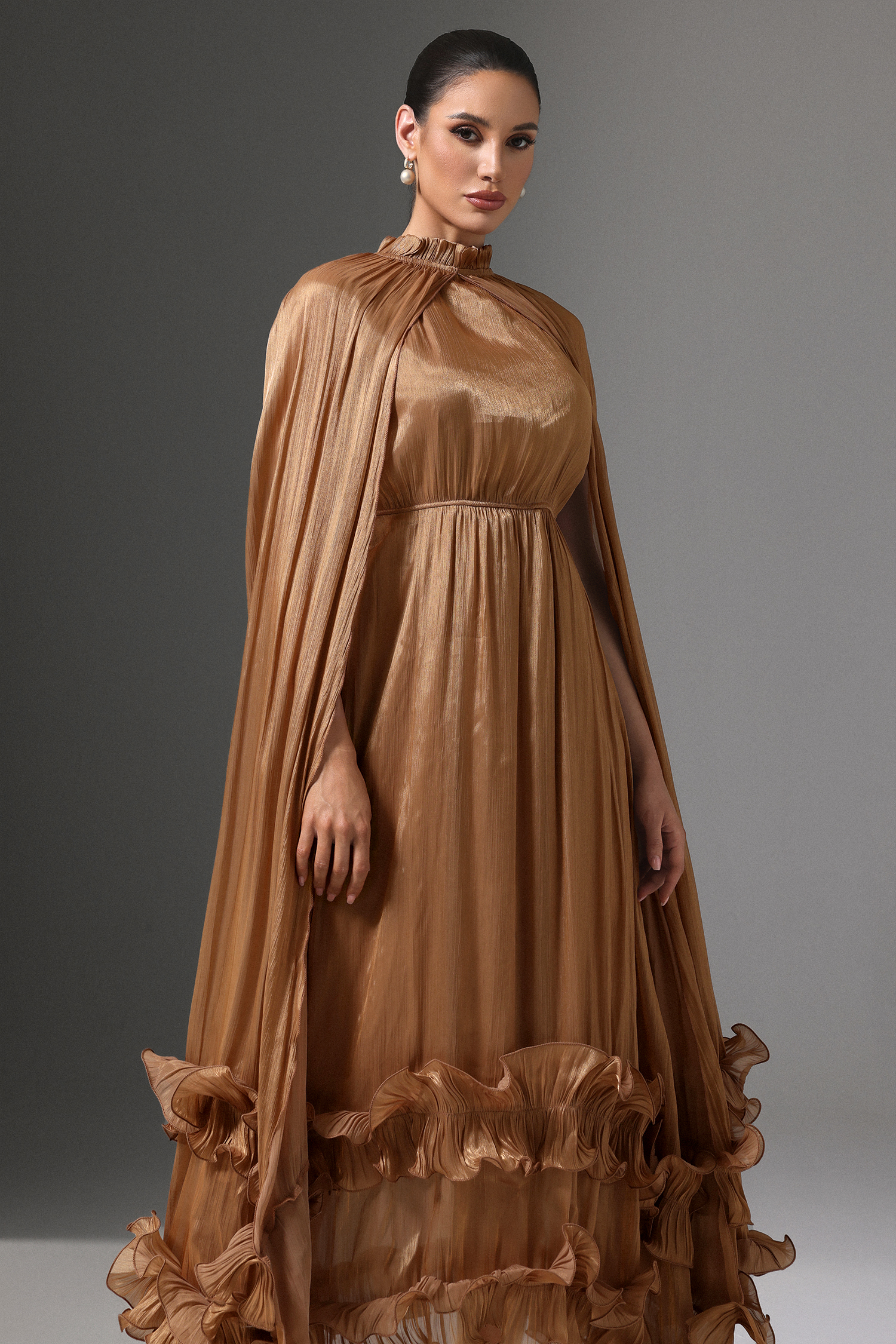 Janiyah High Neck Cape Tie Ruffle Pleated Maxi Dress