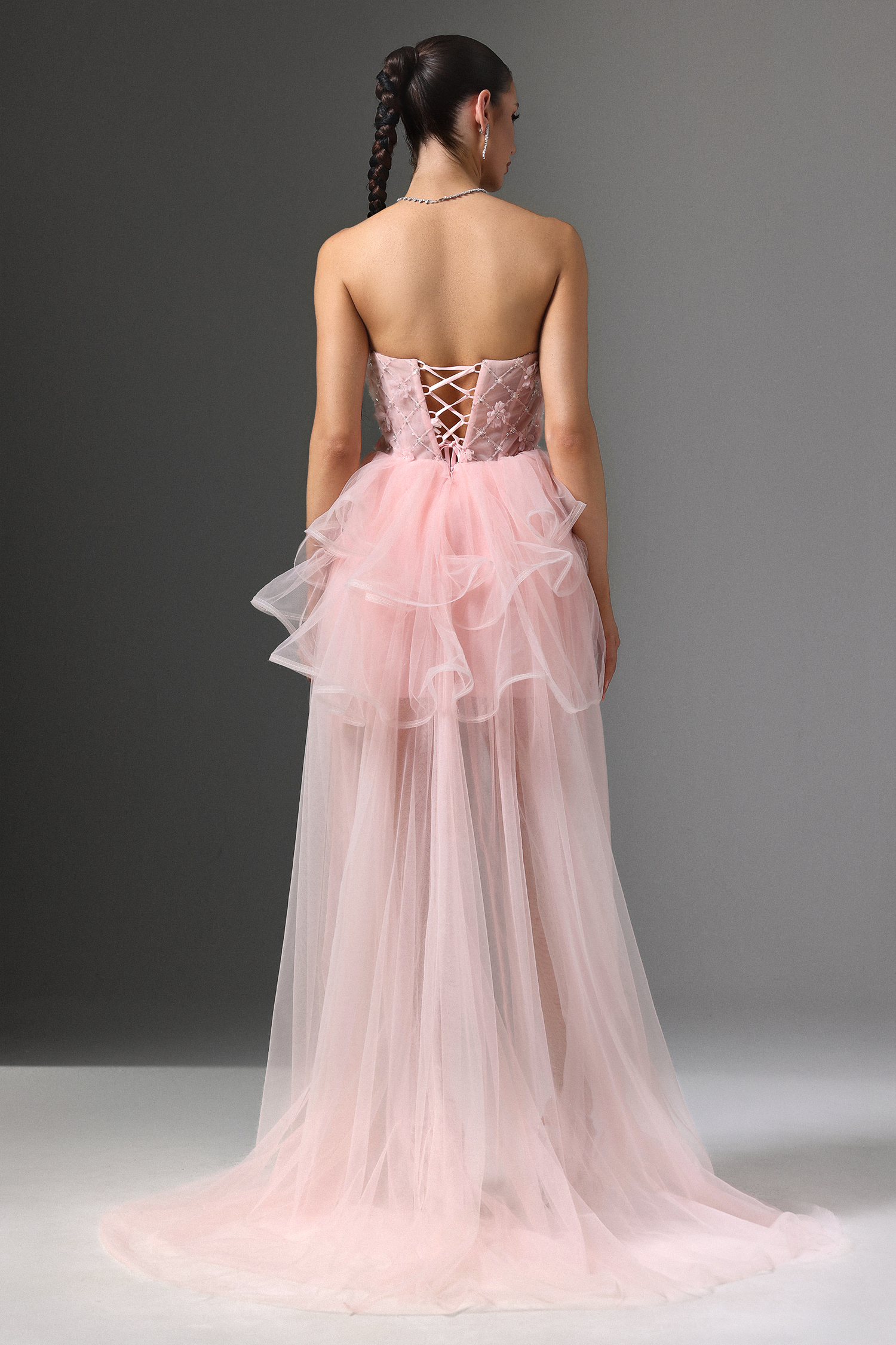 Valri Strapless Floral Beaded Mini Dress With Train