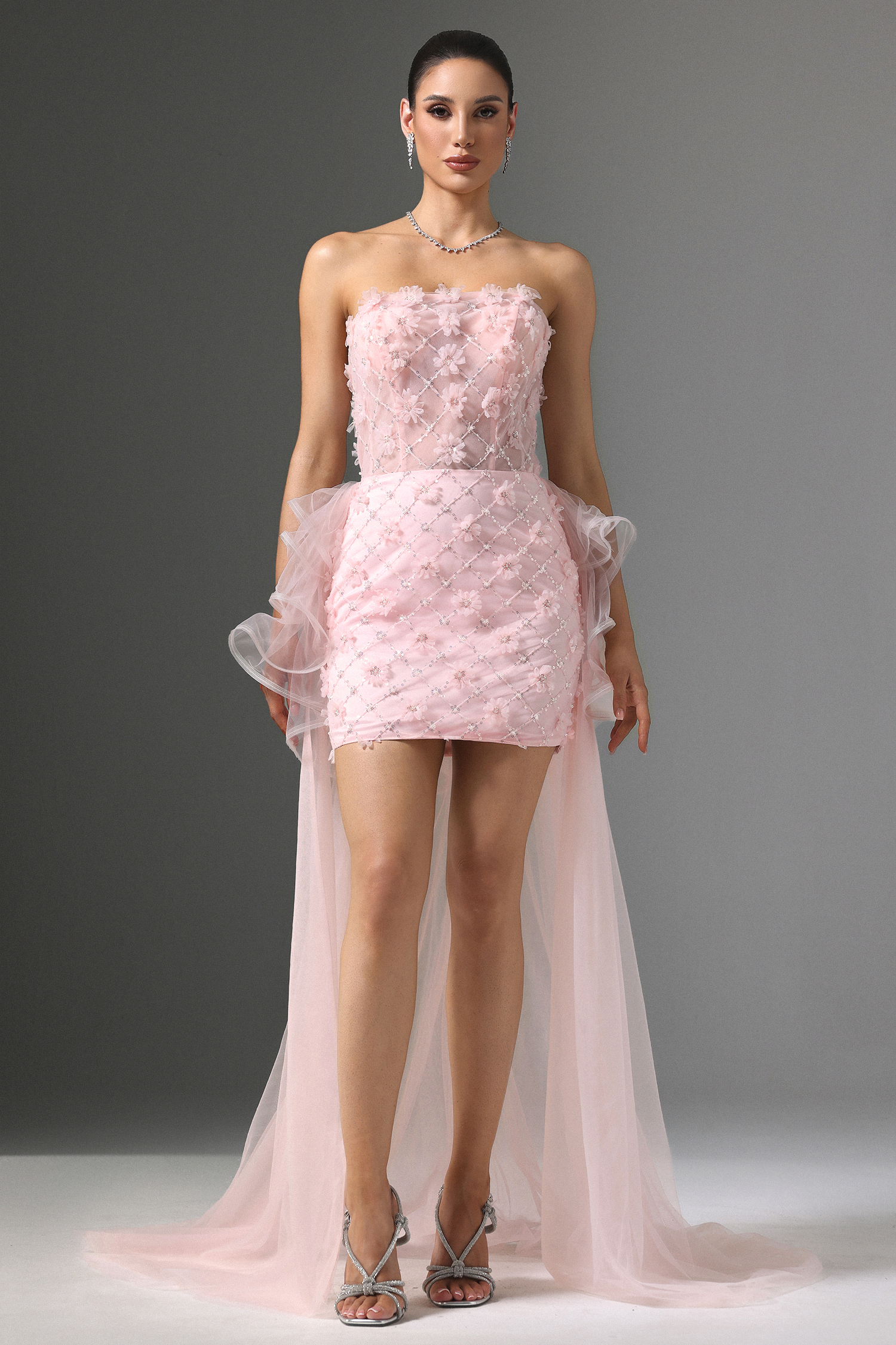 Valri Strapless Floral Beaded Mini Dress With Train