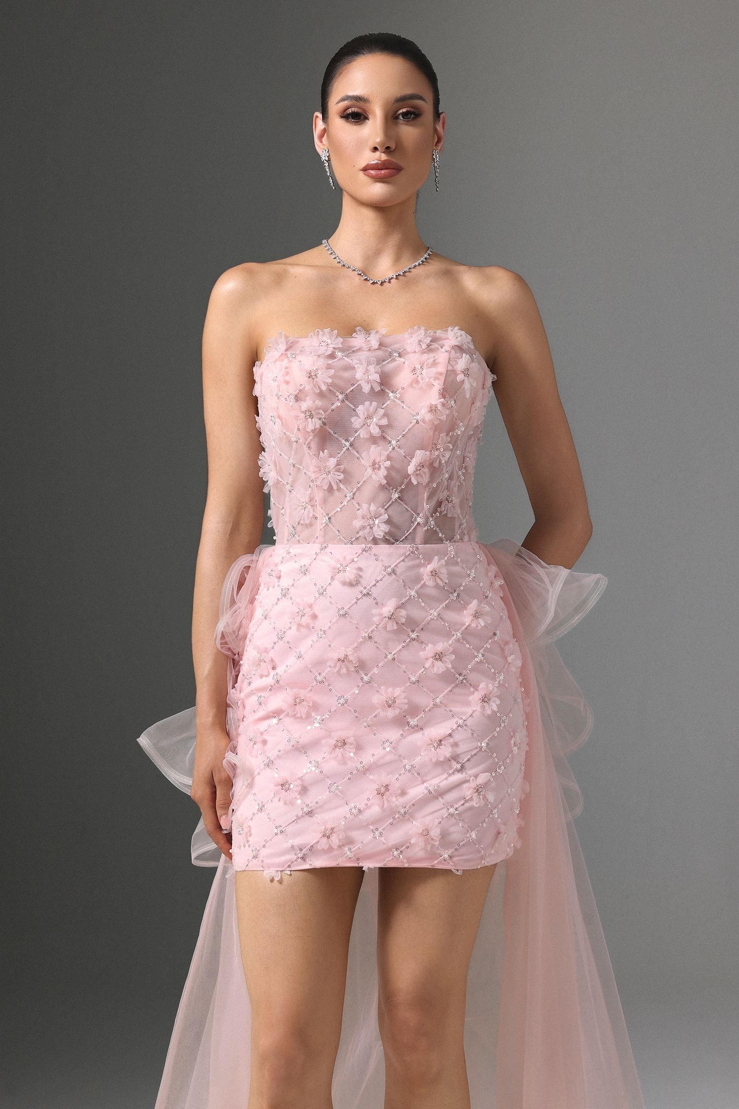 Valri Strapless Floral Beaded Mini Dress With Train