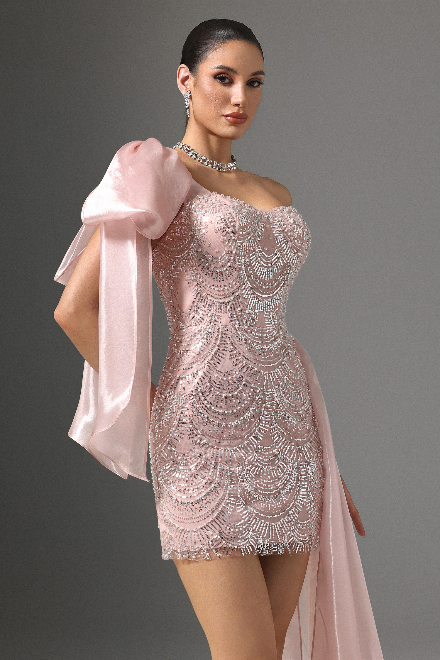 Mercy One Shoulder Sequin Embroided Mini Dress with Train