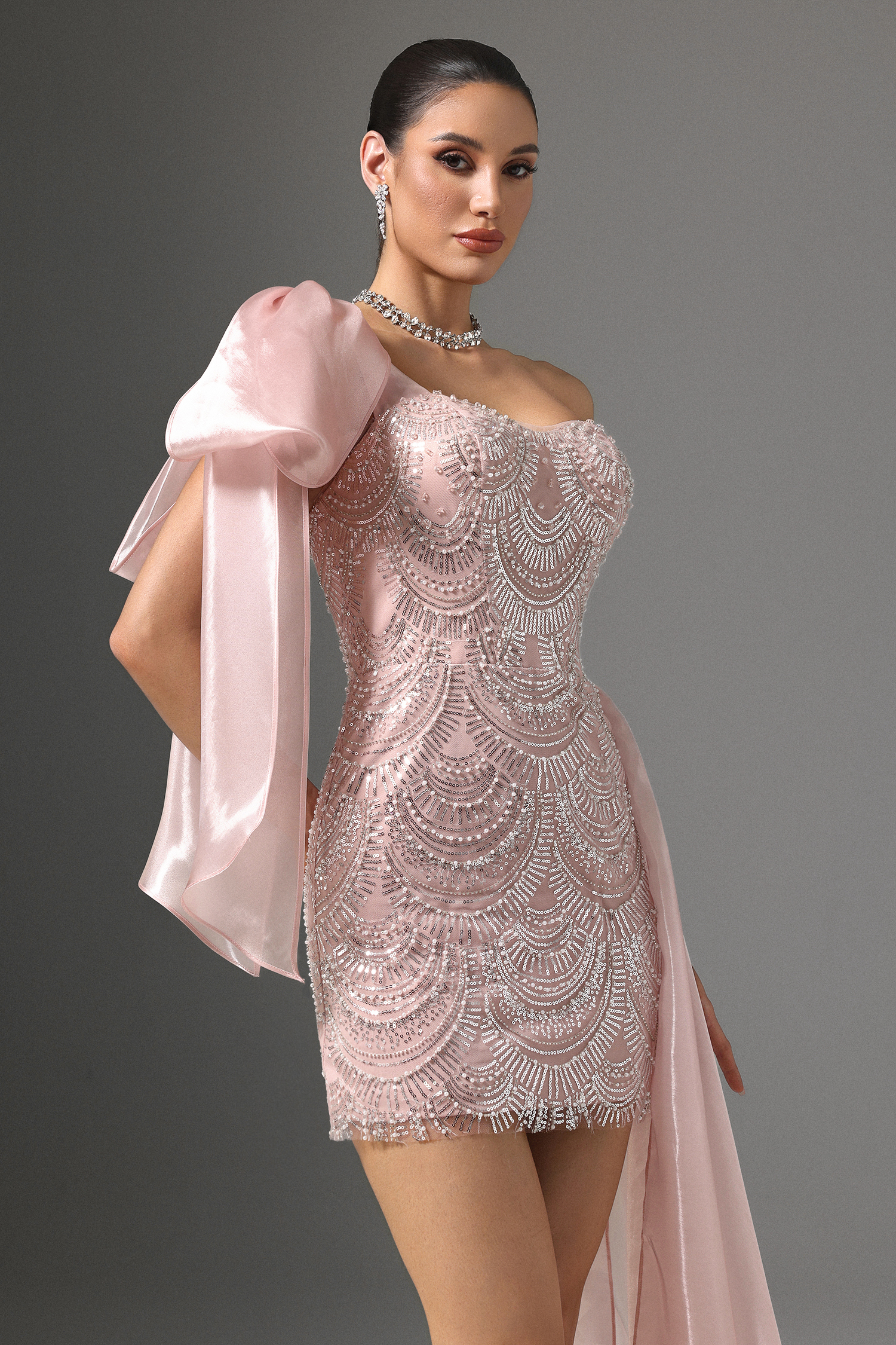 Mercy One Shoulder Sequin Embroided Mini Dress with Train