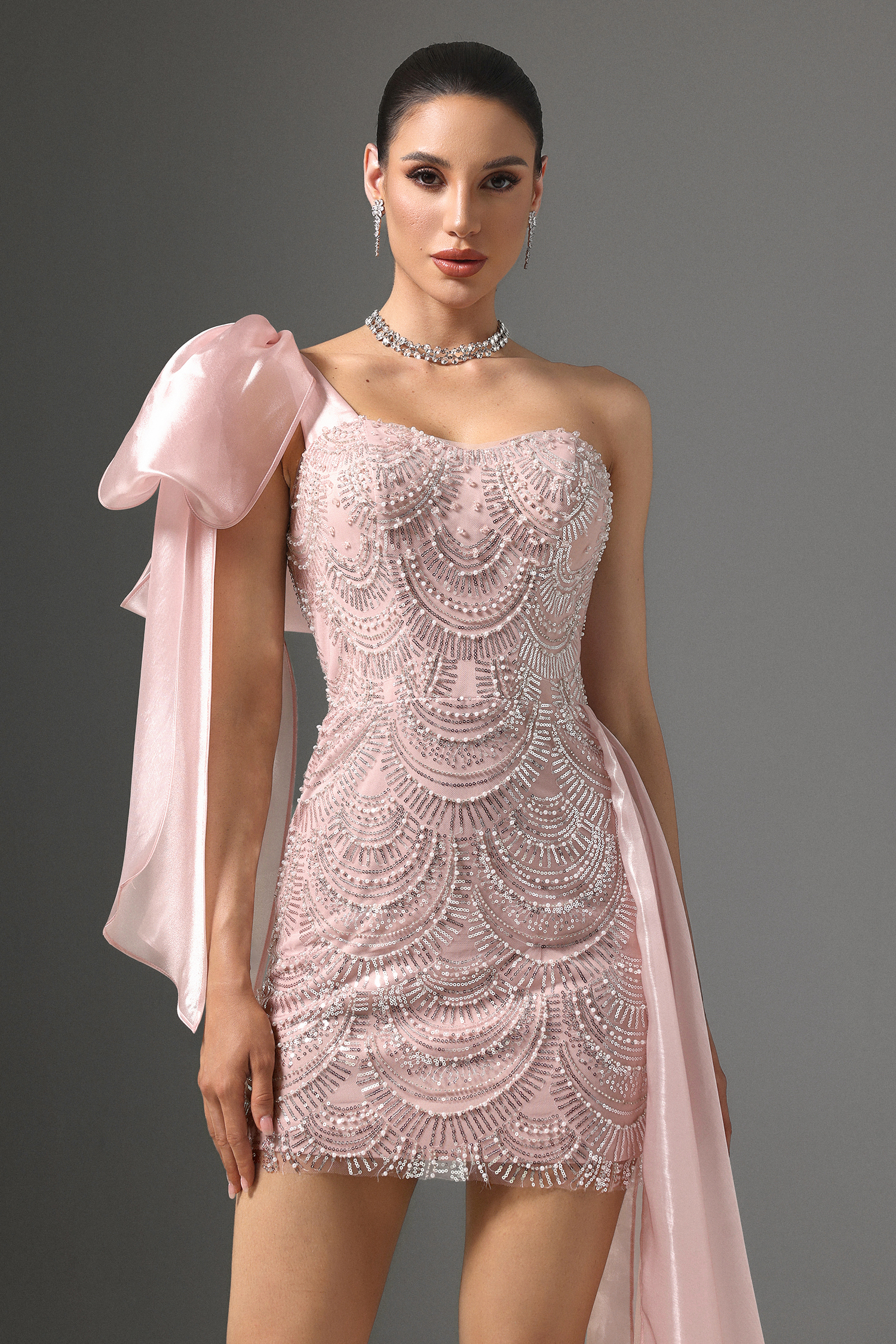 Mercy One Shoulder Sequin Embroided Mini Dress with Train