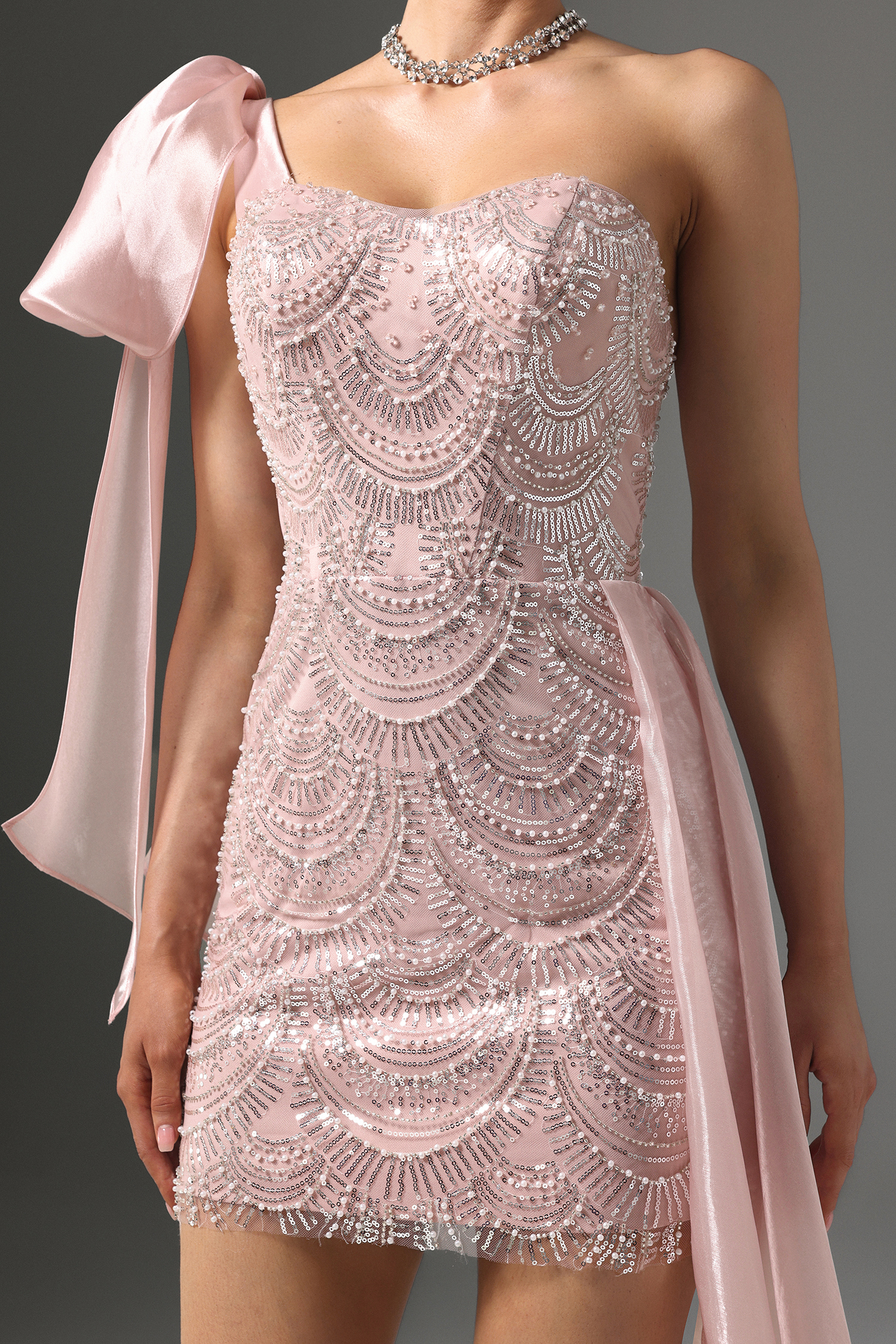 Mercy One Shoulder Sequin Embroided Mini Dress with Train