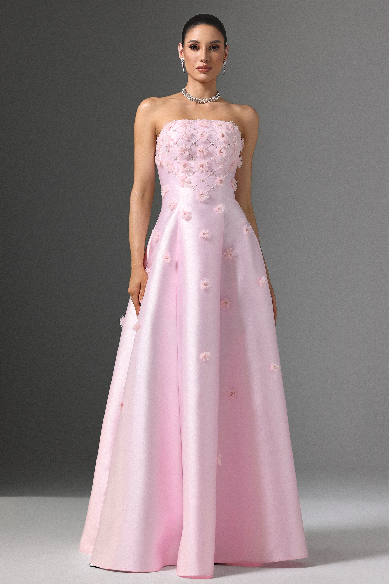 Werza Strapless Floral Beaded Maxi Dress