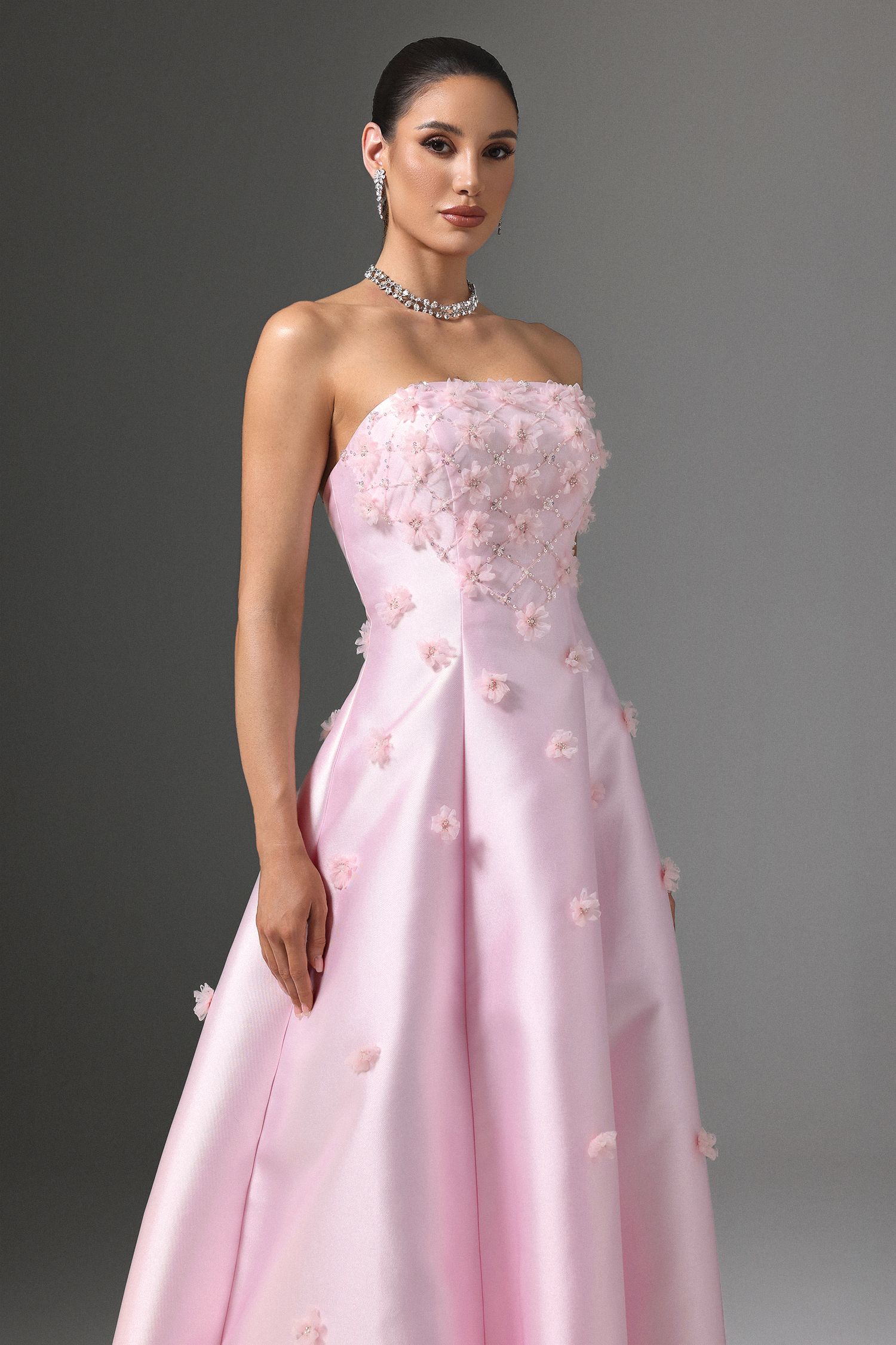 Werza Strapless Floral Beaded Maxi Dress