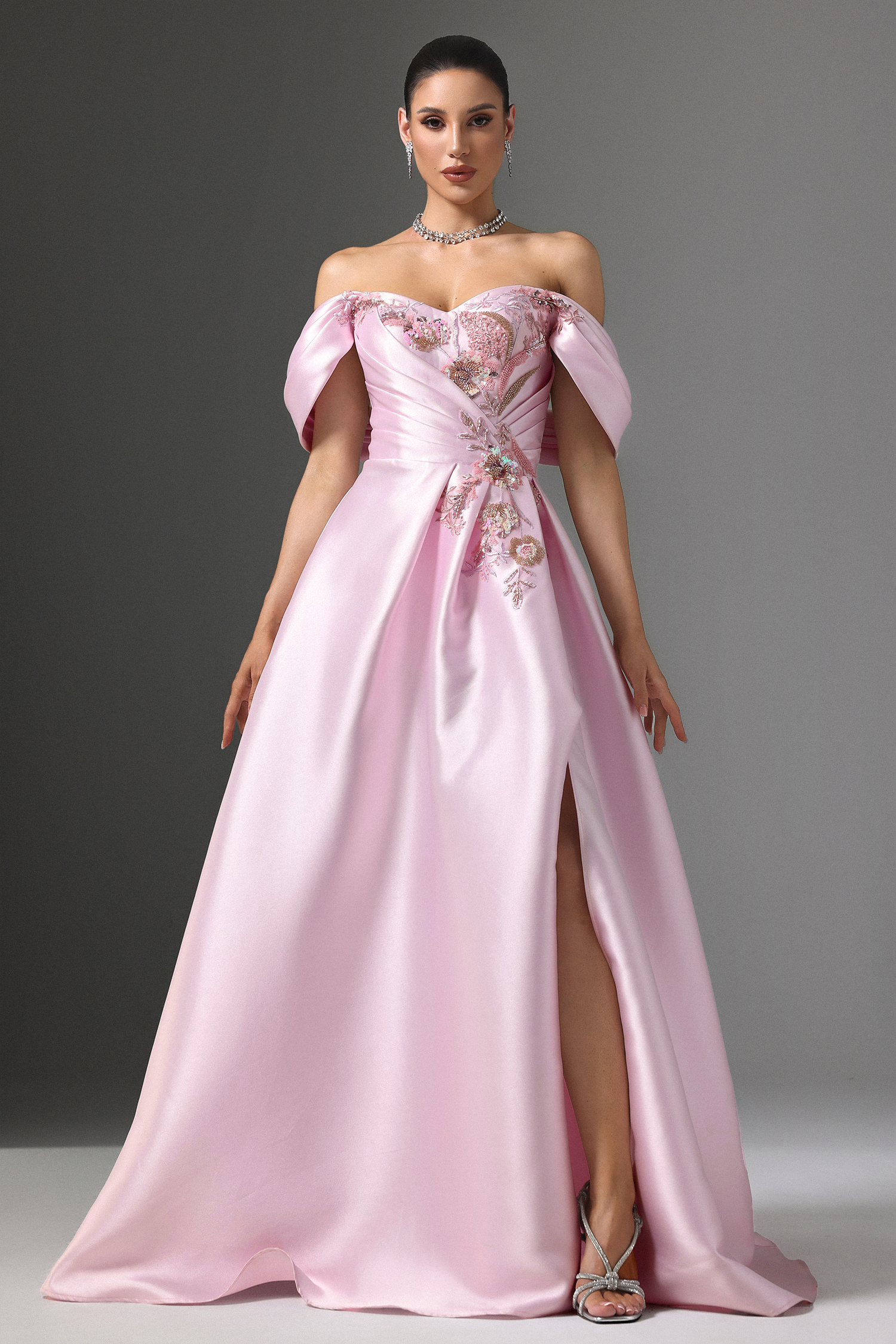 Eseniya Off-Shoulder Floral Embroidered Slit Maxi Dress