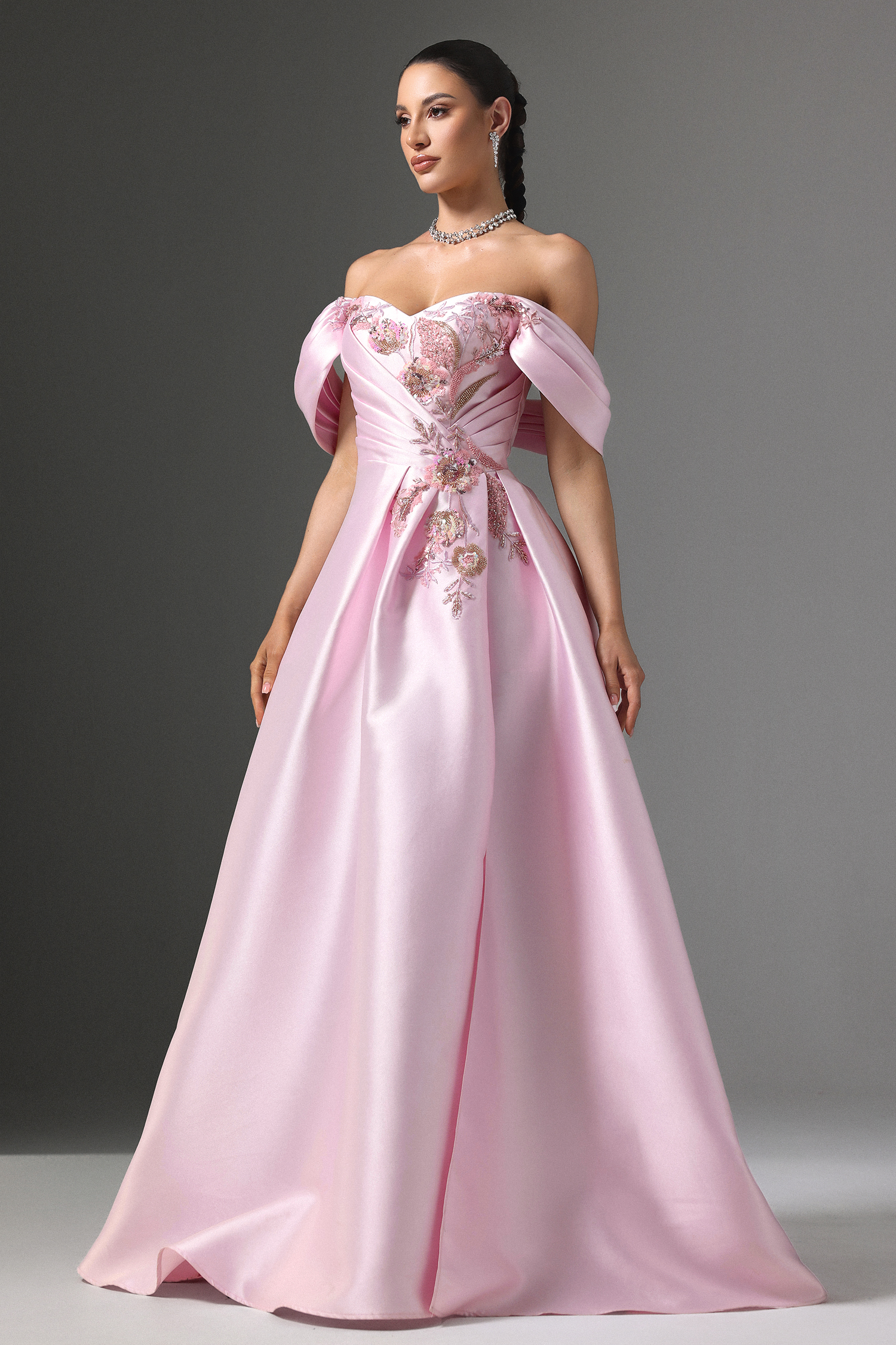 Eseniya Off-Shoulder Floral Embroidered Slit Maxi Dress