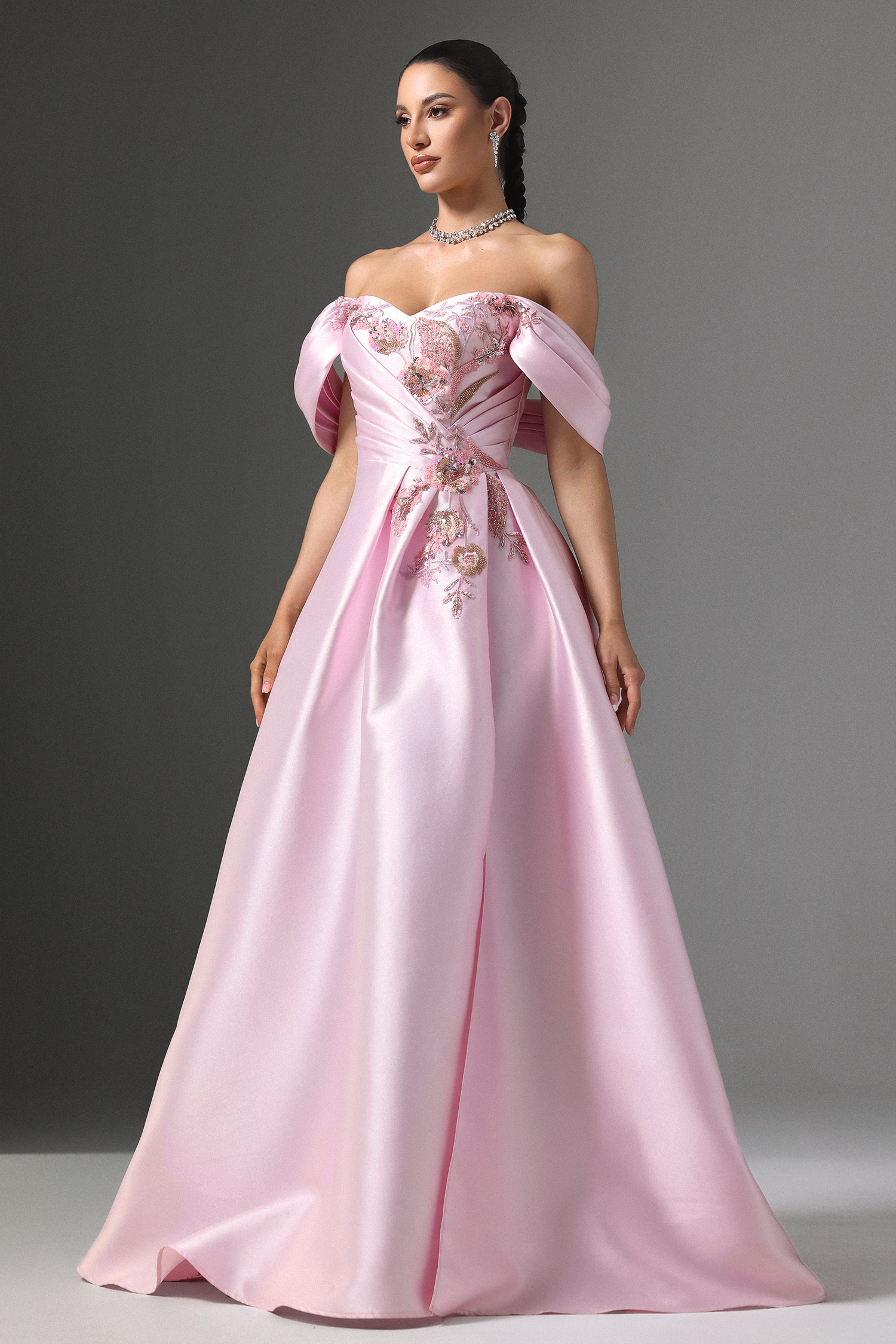 Eseniya Off-Shoulder Floral Embroidered Slit Maxi Dress