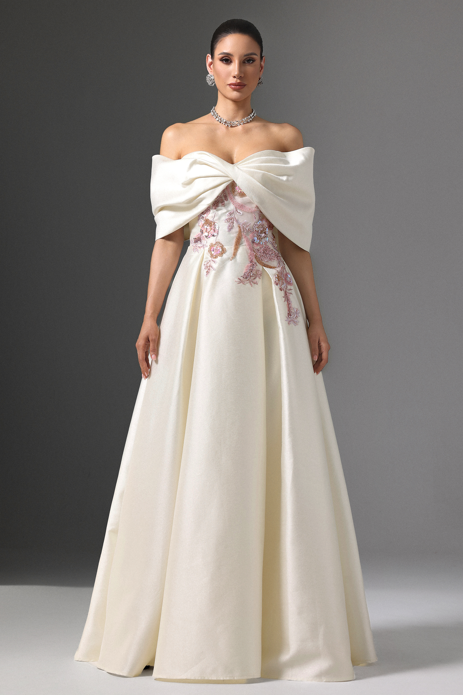 Facia Off-Shoulder Floral Embroidered High Slit Maxi Dress