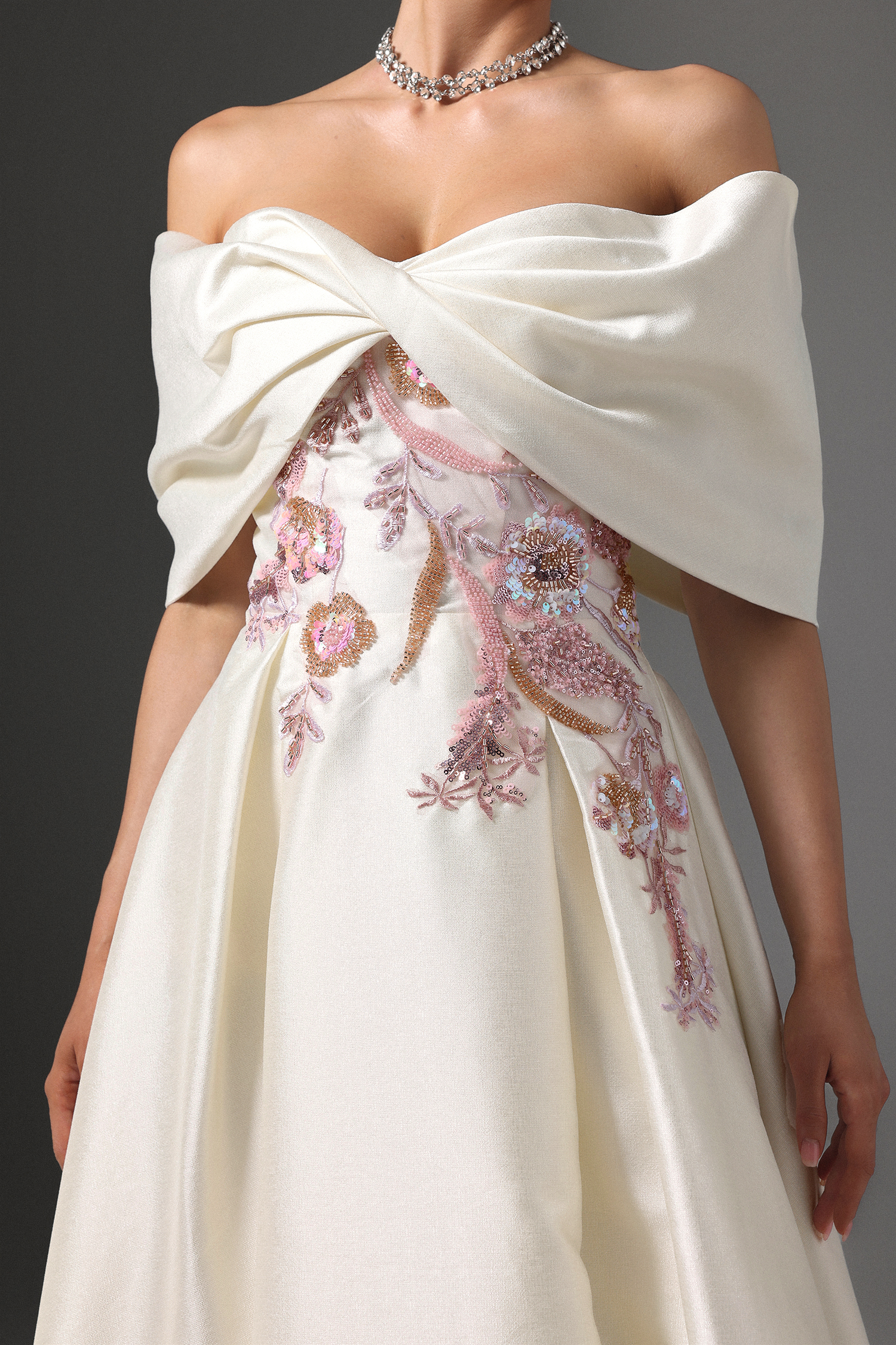 Facia Off-Shoulder Floral Embroidered High Slit Maxi Dress