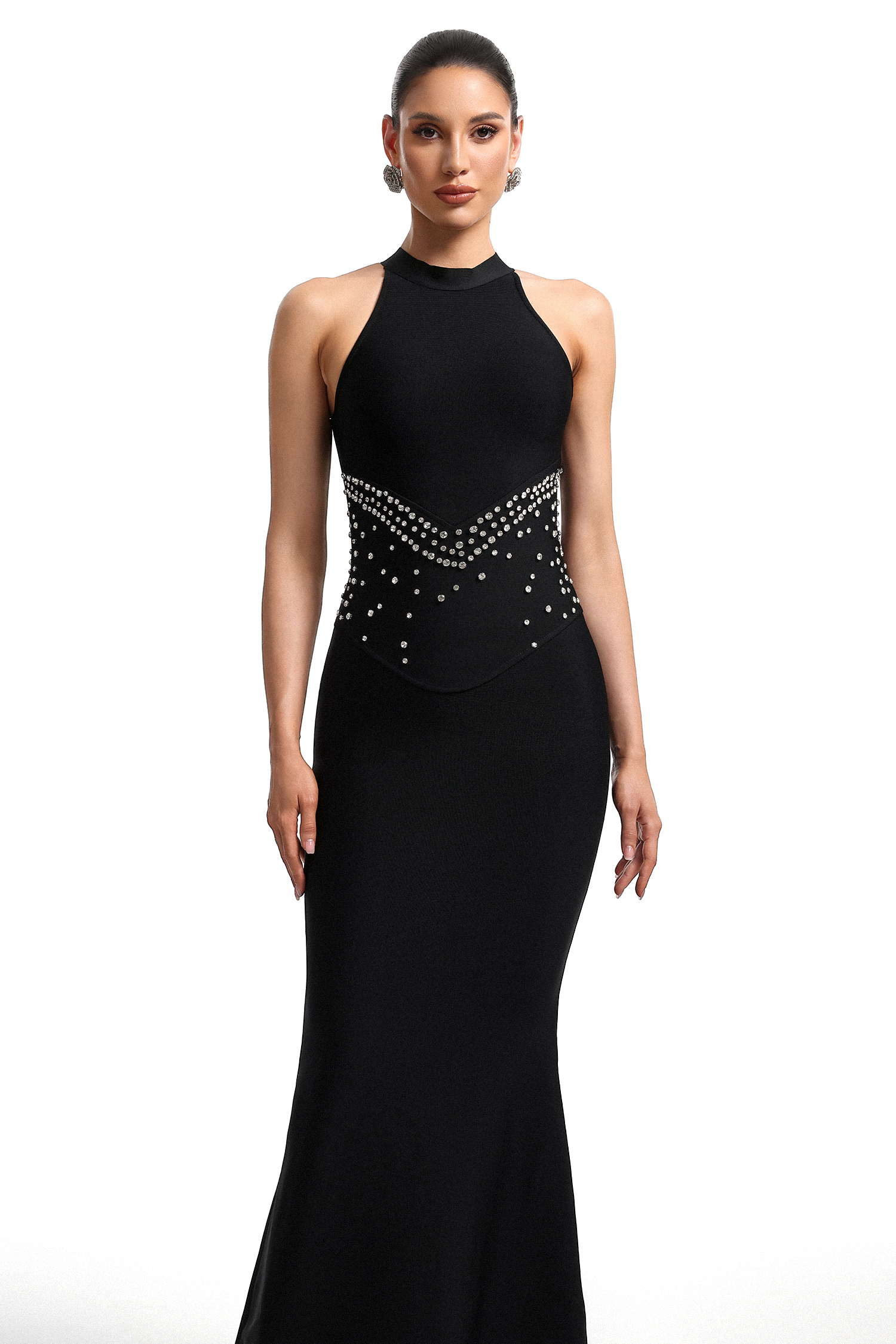 Inbar Halter Neck Sleeveless Rhinestone Bandage Maxi Dress