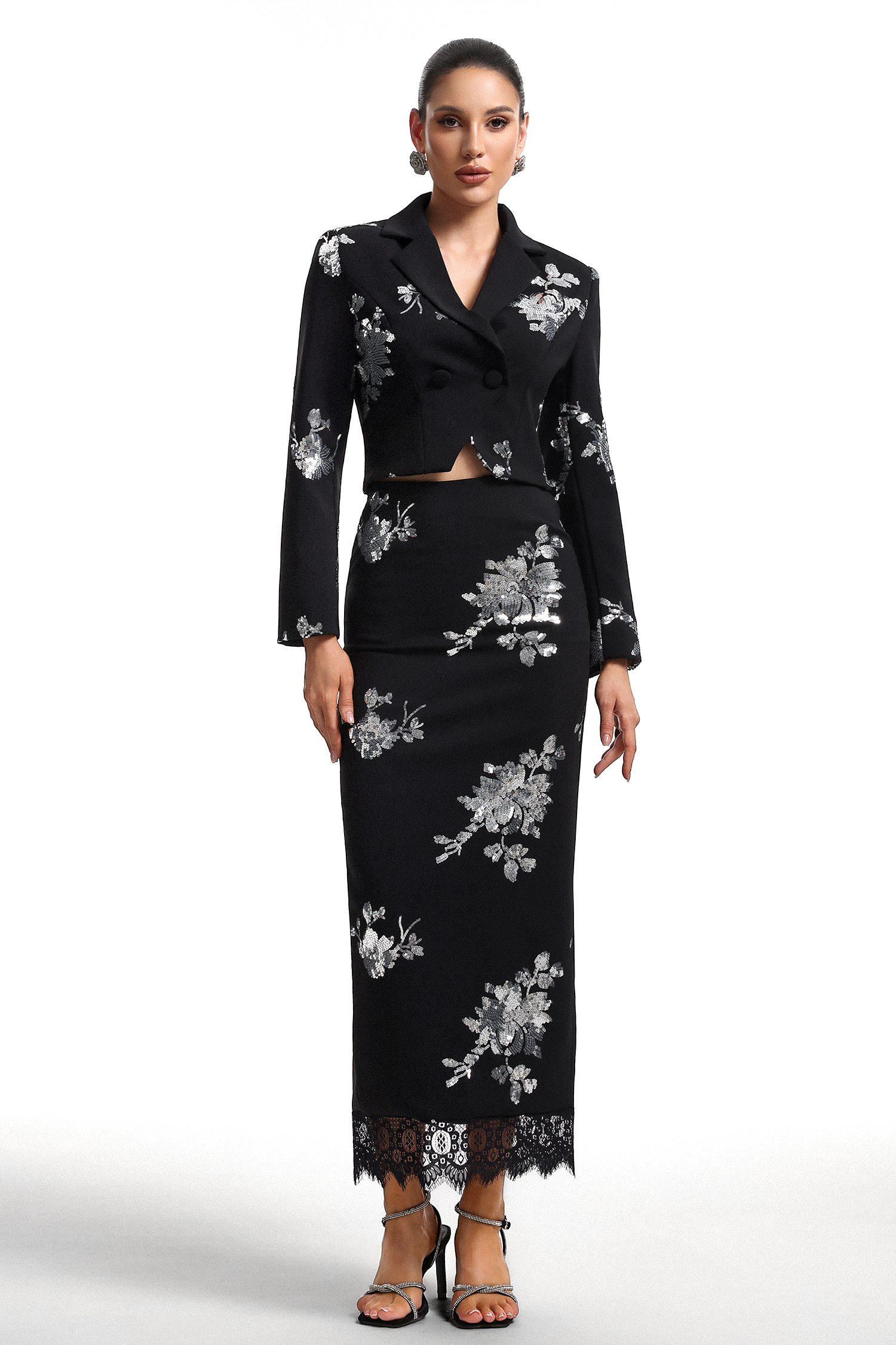 Hermione V-Neck Long Sleeve Floral Print Crop Blazer and Skirt Set