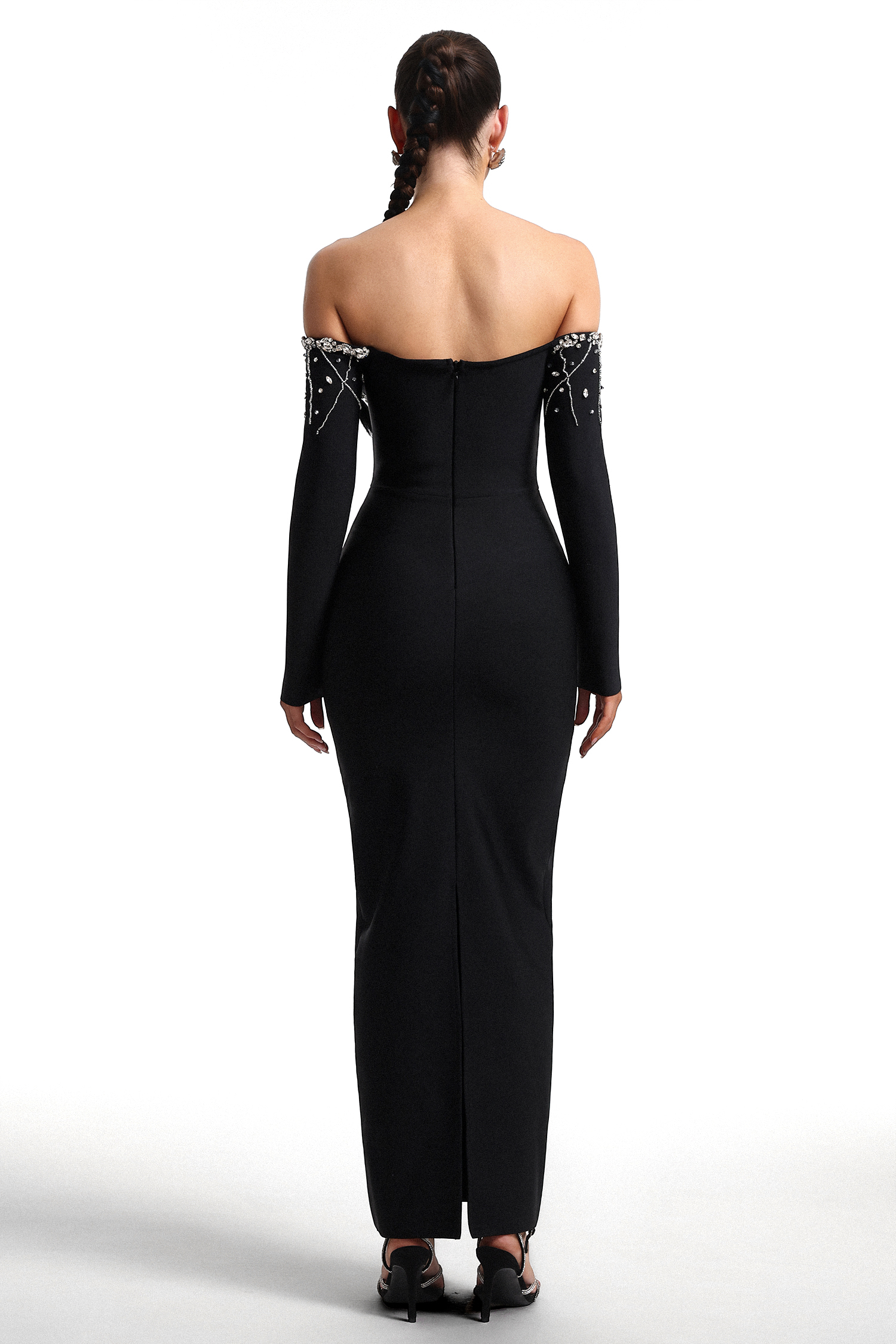 Yuhie Deep V Off Shoulder Long Sleeve Embellished Bandage Maxi Dress