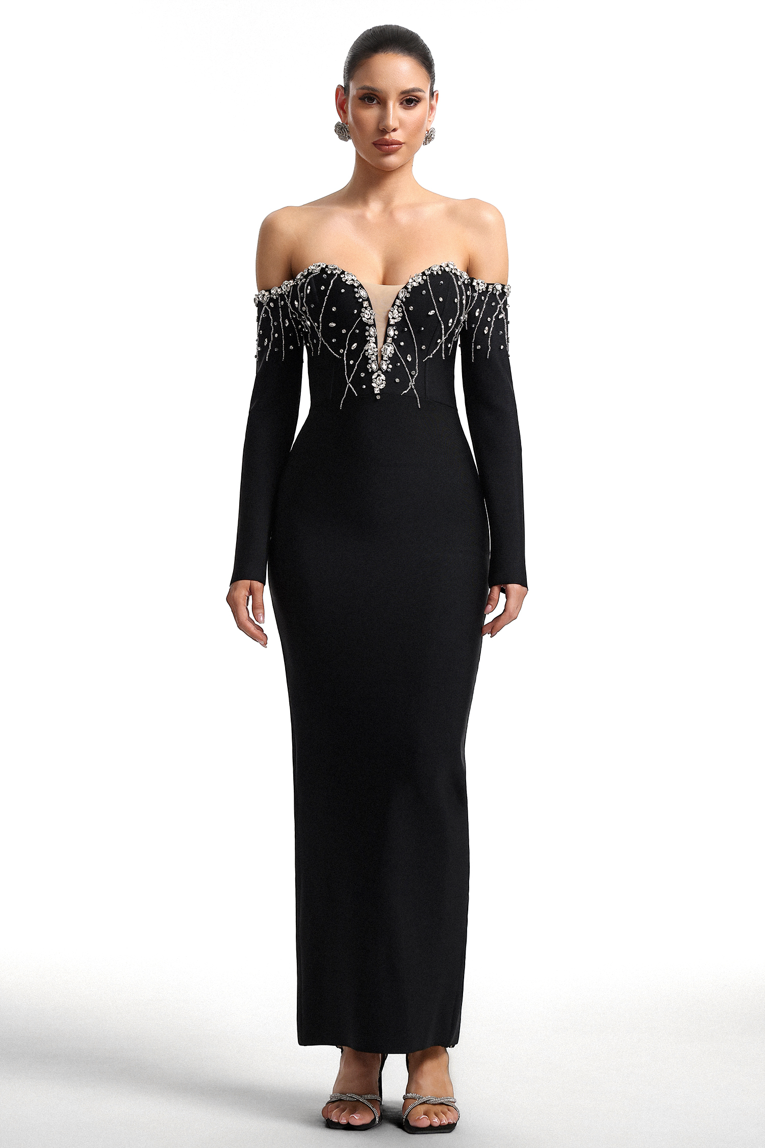 Yuhie Deep V Off Shoulder Long Sleeve Embellished Bandage Maxi Dress